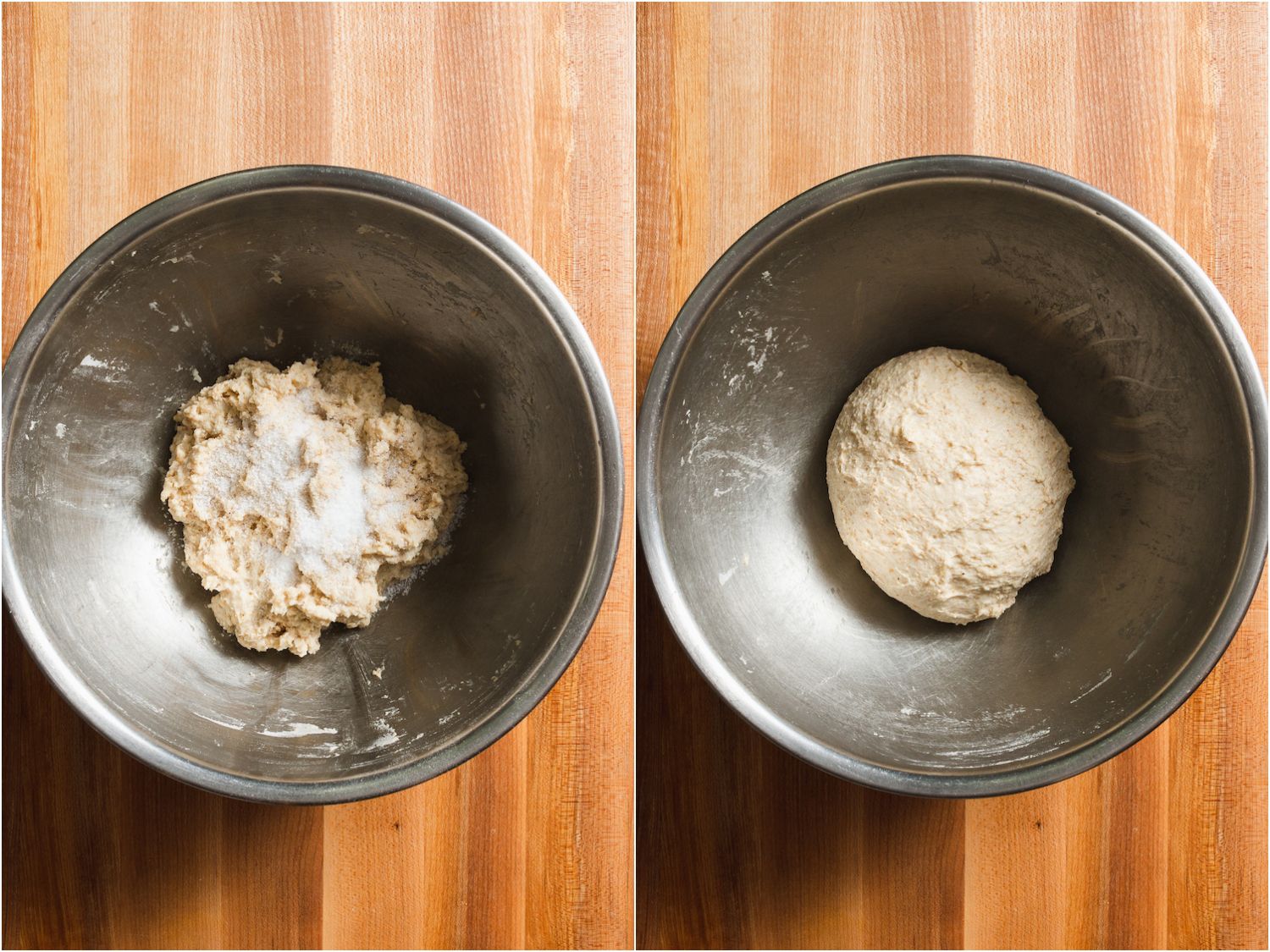 Salt added to dough and kneaded in the bowl until thoroughly incorporated.