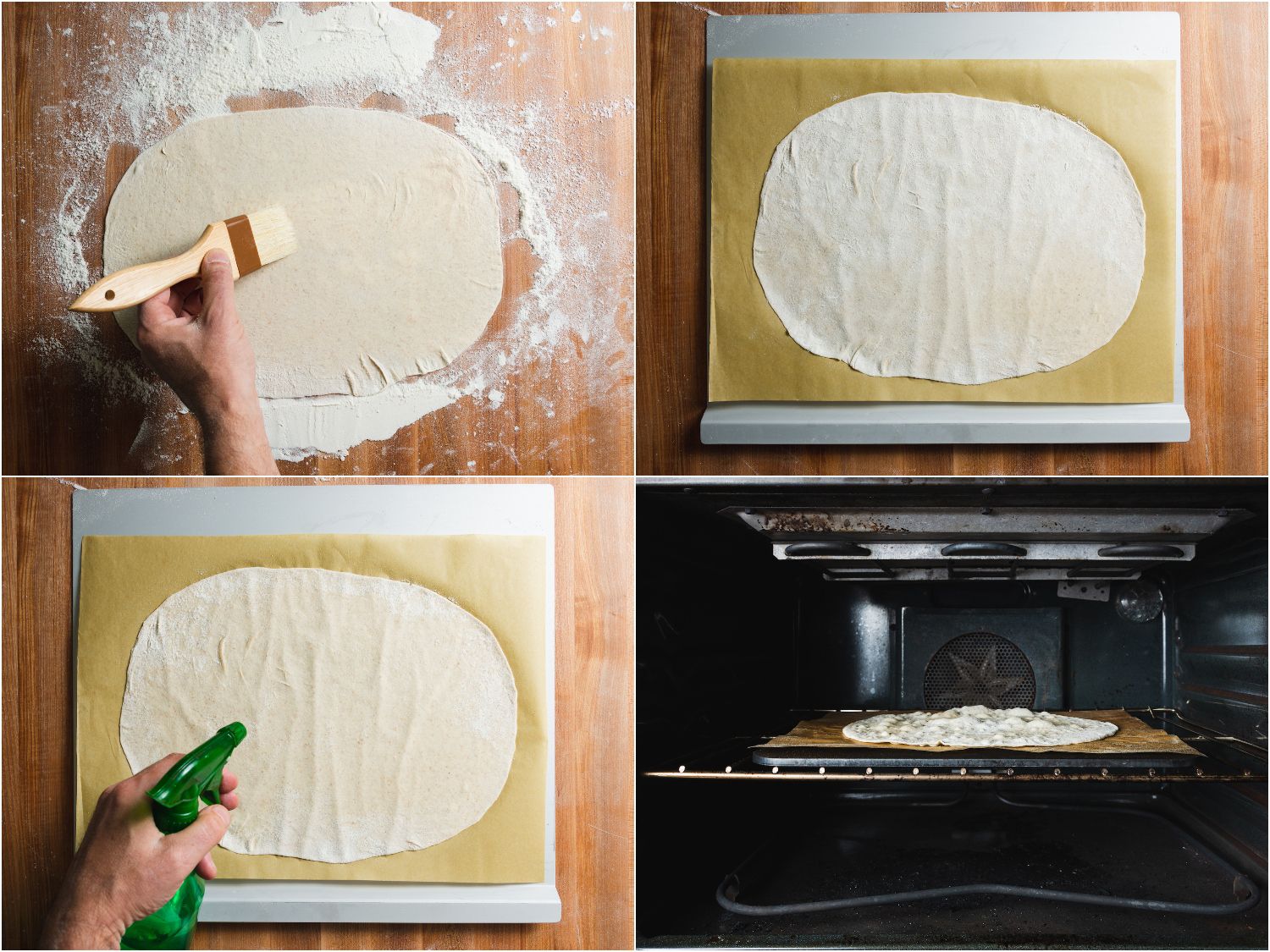 Brushing excess flour from rolled out portion of lavash dough, transferring to parchment on a rimless cookie sheet, misting with water, and transferring to oven.