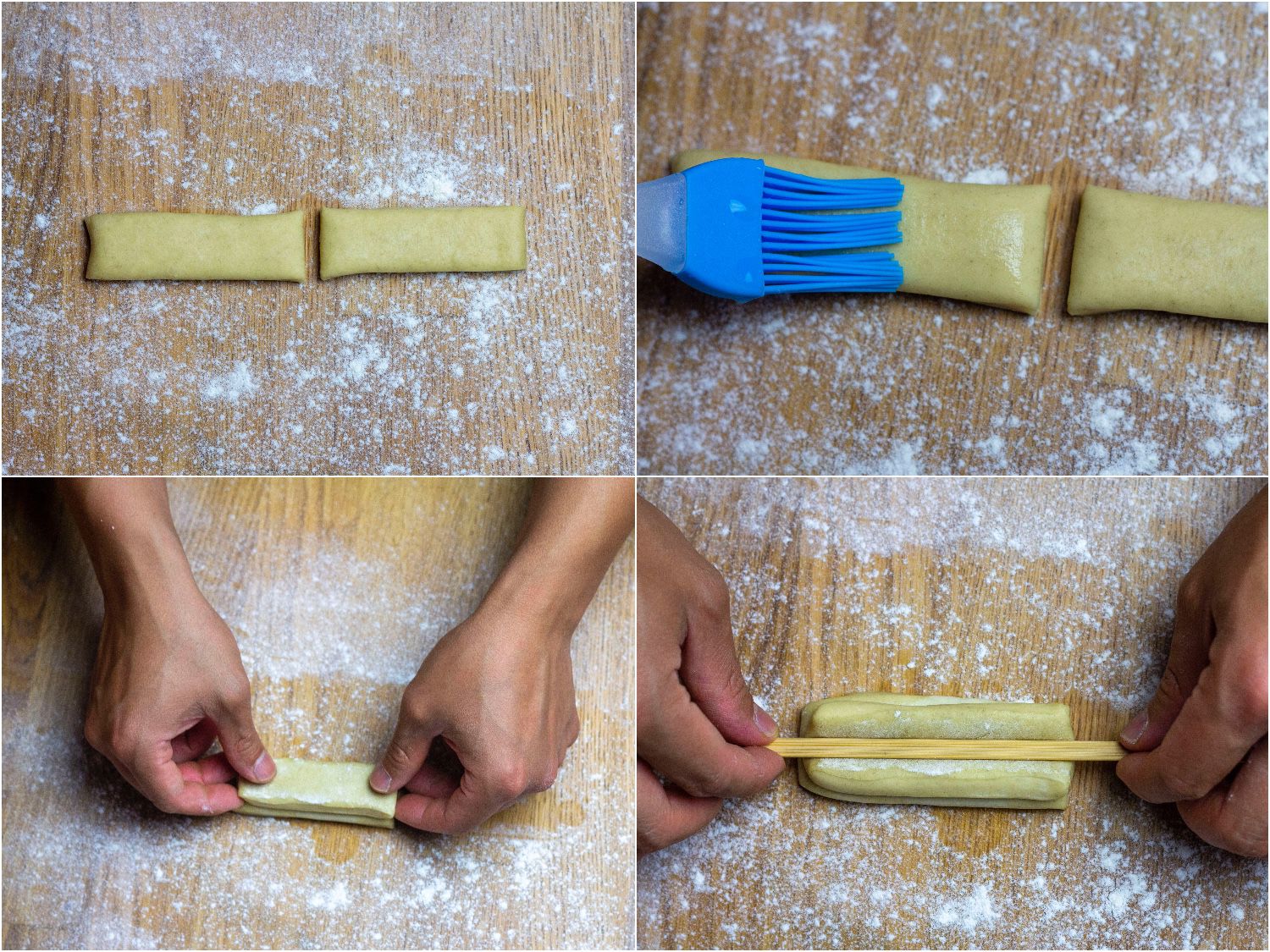 Collage of preparing youtiao dough strips for frying