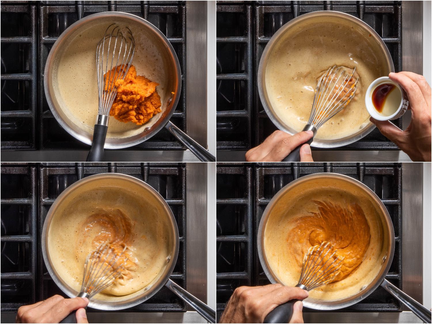 Collage showing squash purée and vanilla extract being whisked into custard mixture for pumpkin chiffon pie