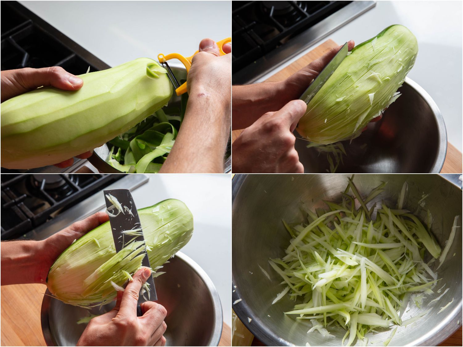 Shredding green papaya with a knife by hand.