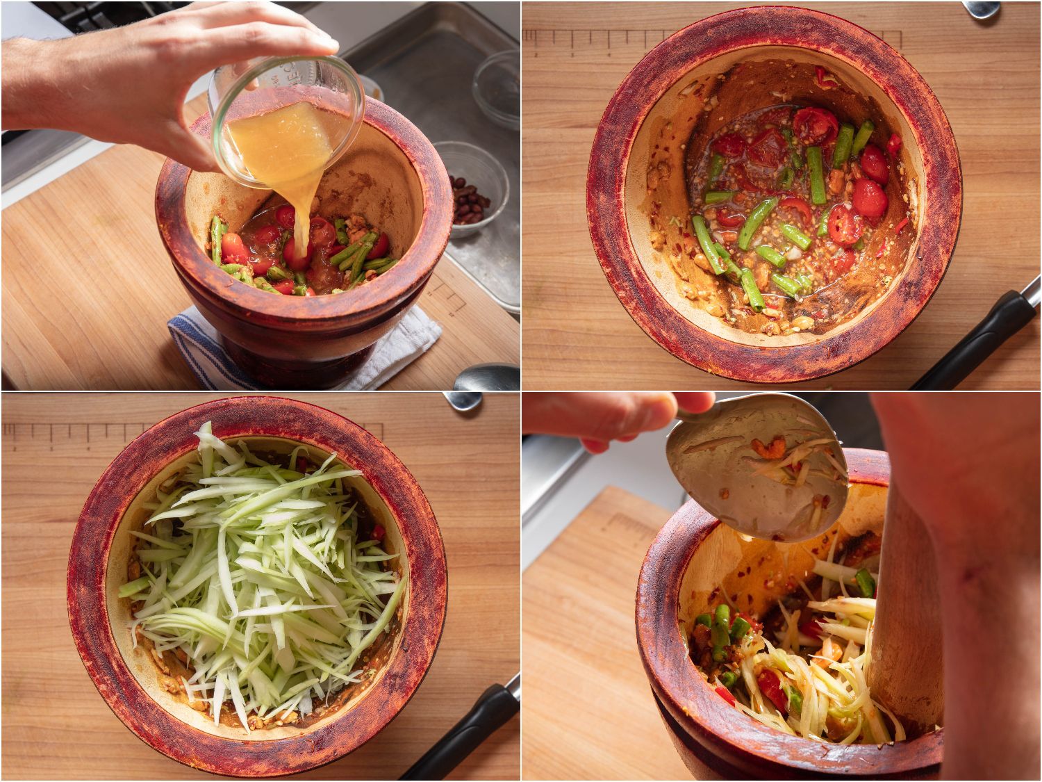 Adding fish sauce, lime juice, and shredded green papaya, and mixing in mortar until evenly dressed.