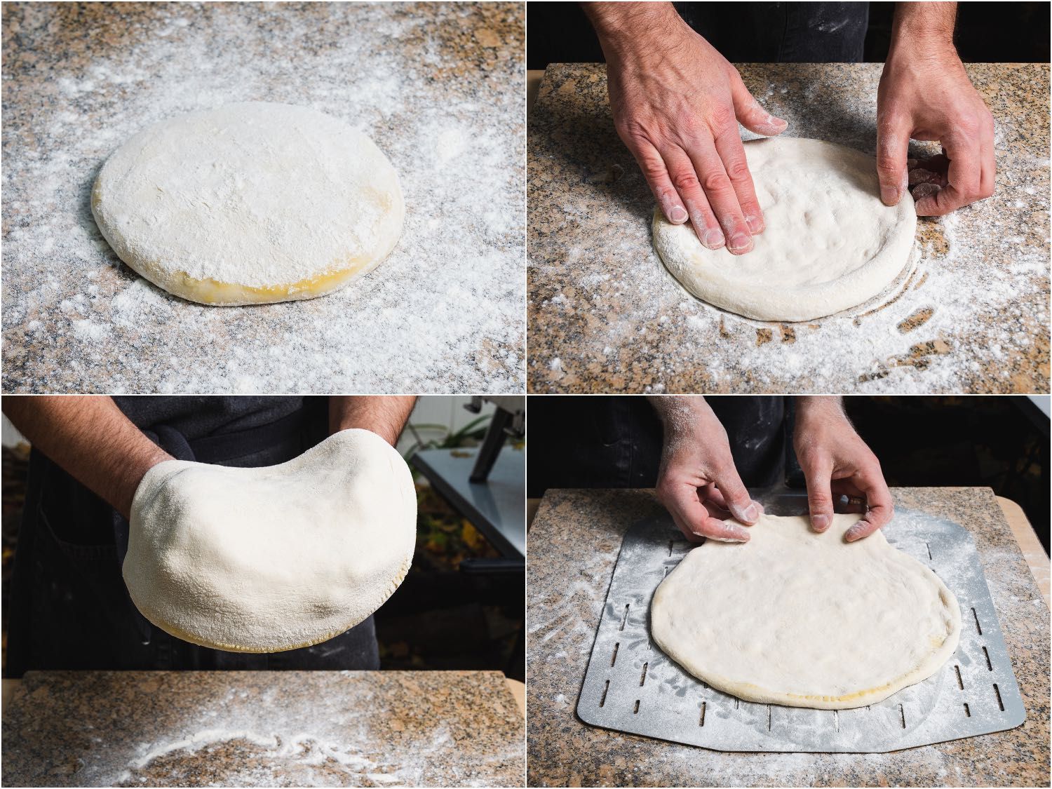 Collage showing portion of pizza dough being stretched into round and placed on perforated metal pizza peel