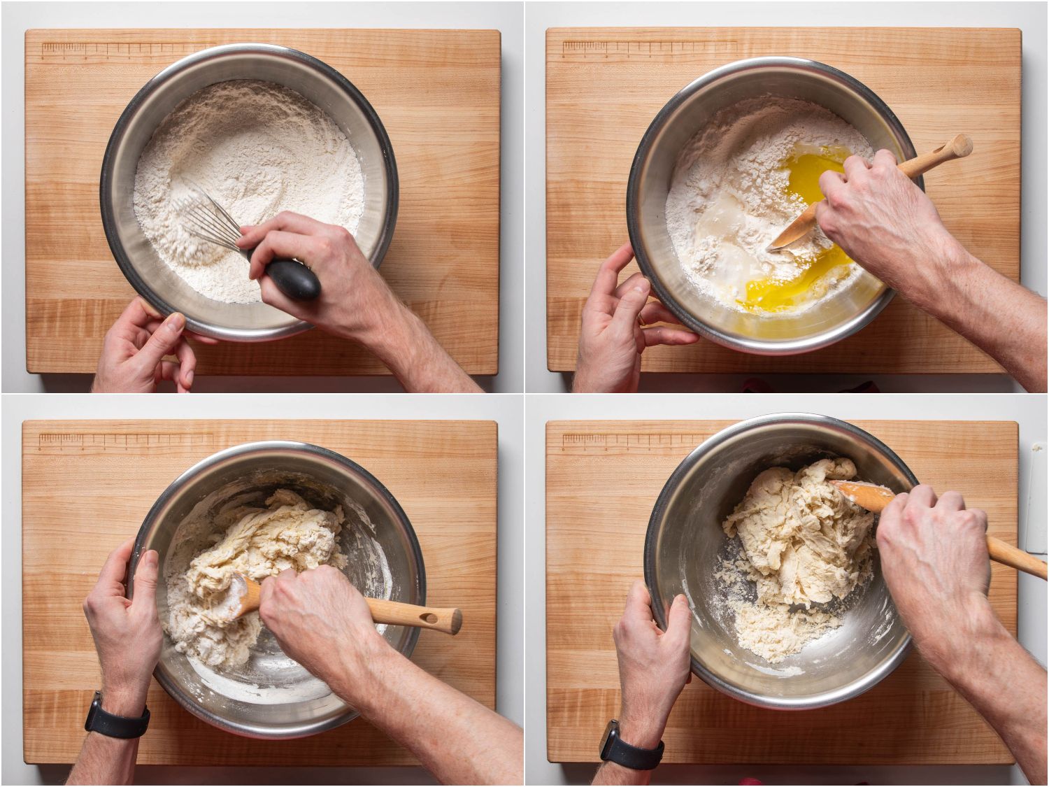 Mixing dough in bowl with a wooden spoon
