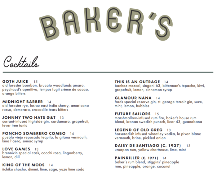 Baker’s in Sunset Hill has a The Mighty Boosh-themed cocktail list right now. Well, with a couple old classics. Baker’s in Sunset Hill has a The Mighty Boosh-themed cocktail list right now. Well, with a couple old classics.