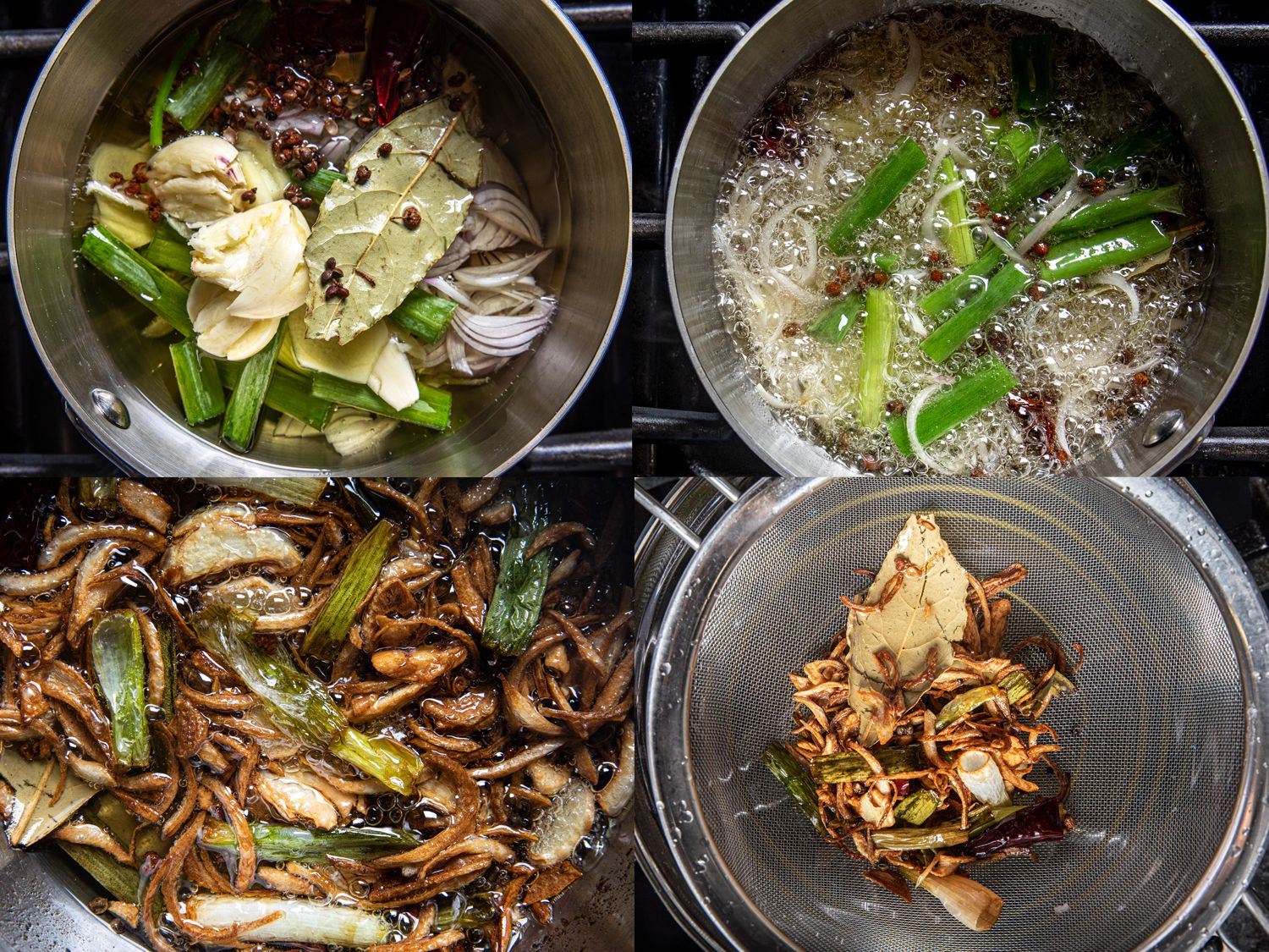 Four Image Collage. Top Right: Aromatics and spices in oil in pot on stovetop. Top Right: Oil boiling with ingredients. Bottom Left: Ingredients browned in oil. Bottom Right: Ingredients in a mess strainer