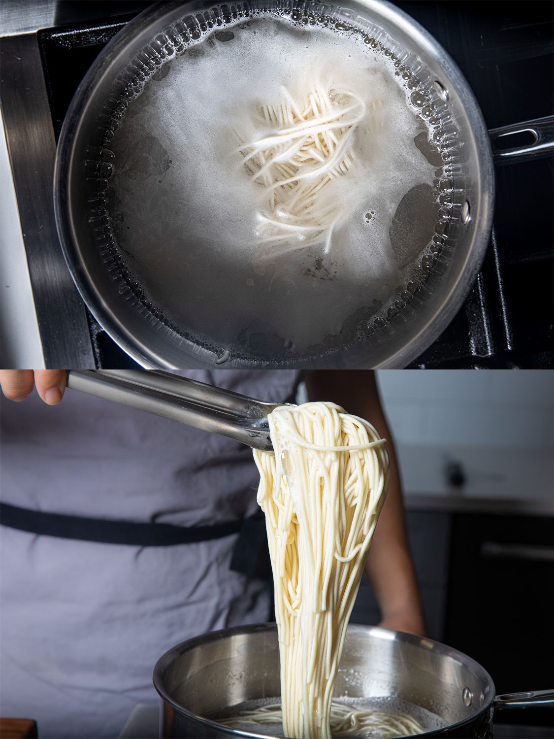 Two image collage. Top Image: Noodles in boiling water on a stove stop. Bottom Image: Cooked noodles being lifted out of a pot