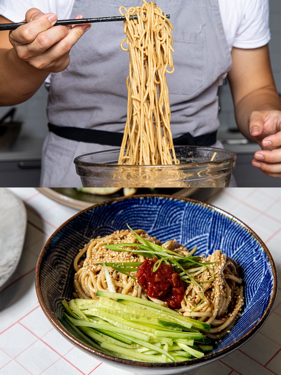 Two image collage. Top: Dressing sesame noodles being lifted out of a mixing bowl. Bottom: Bowl of noodles with sesame seed, cucumber, and chili sauce on top.