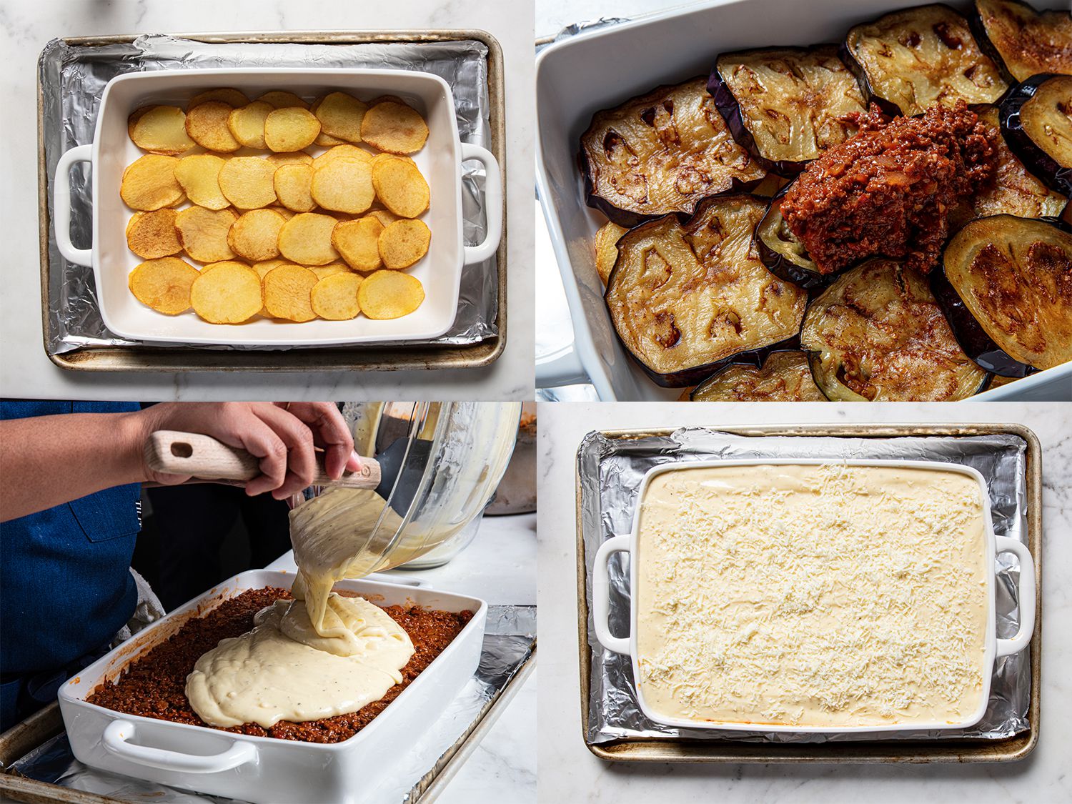 Four image collage. Top Left: Potatoes lining the bottom of a baking tray. Top Right: meat sauce added to the second layer of fried eggplants. Bottom Left: Adding béchamel sauce layer to sheet. Bottom Right: moussaka topped with cheese on a baking tray.