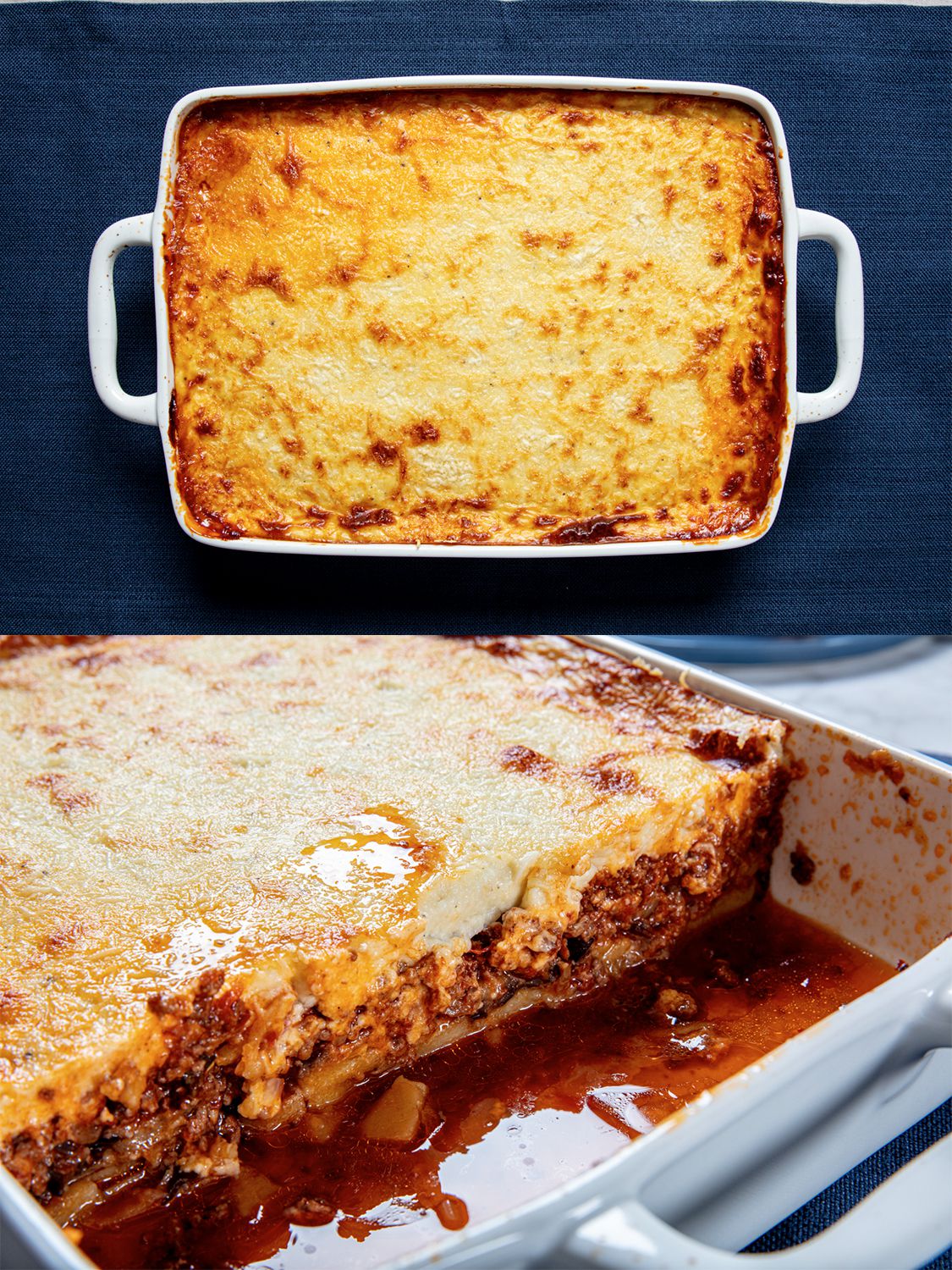 Two image collage. Top: baked moussaka on a blue background. Bottom: cross-section view of cut moussaka showing layers in pan