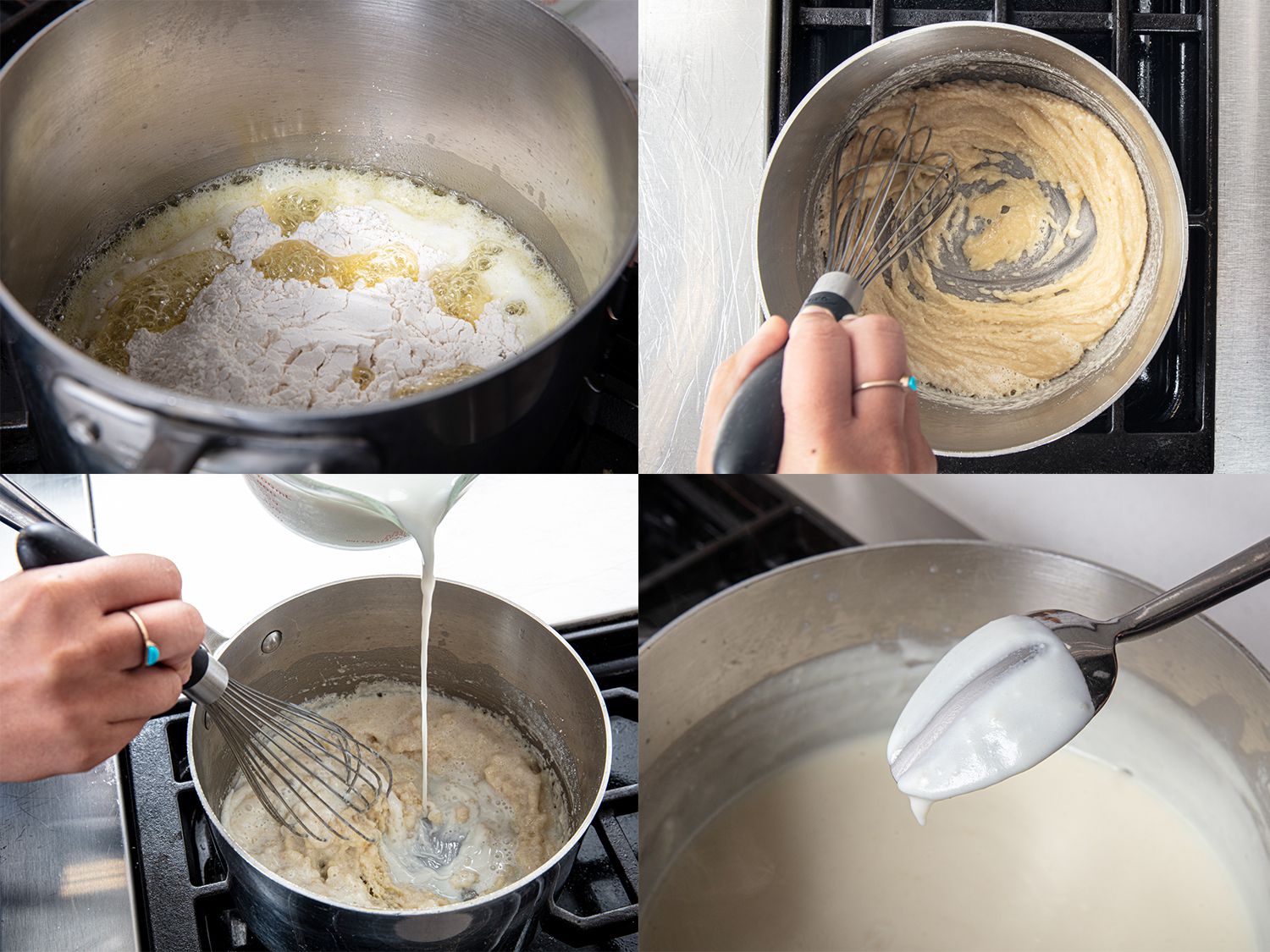 Four Image Collage. Top Right: Flour and butter in a pot. Top Left: Whisking flour and butter until crumbly. Bottom Left: Milk being poured into pot. Bottom Right: Spoon test showing sauce covering the spoon.