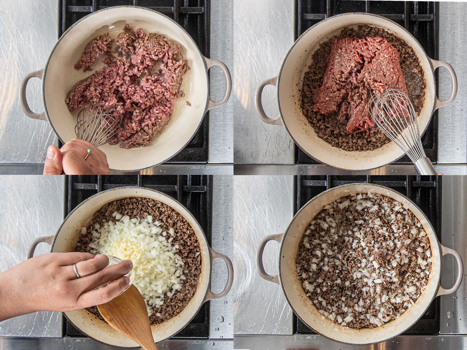 Four Image Collage. Top Left: Mashing meat in pot with whisk. Top Right: More raw meat added to cooked meat. Bottom Left: Garlic and onion added to meat in pot. Bottom Right: Onion and Meat cooking in a pot
