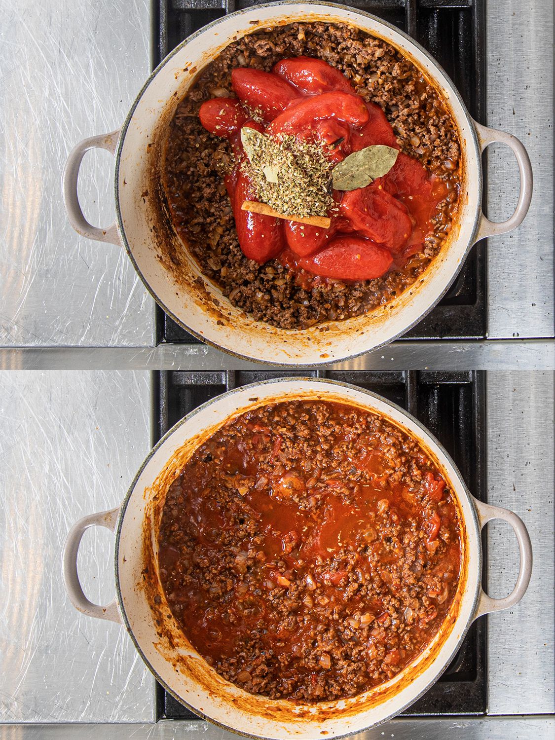 Two Image Collage. Top Image: Canned tomatoes and spices on top of meat. Bottom image: mixed tomatoes and meat cooking in a pot.