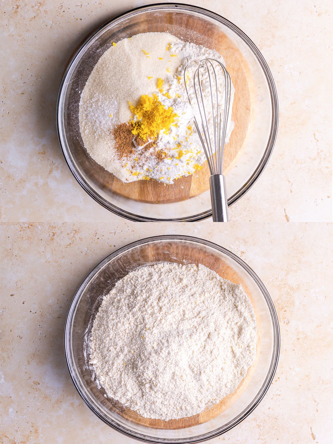 Two Image Collage. Top: Unmixed ingredients in a glass bowl with a whisk. Bottom: Ingredients fully mixed