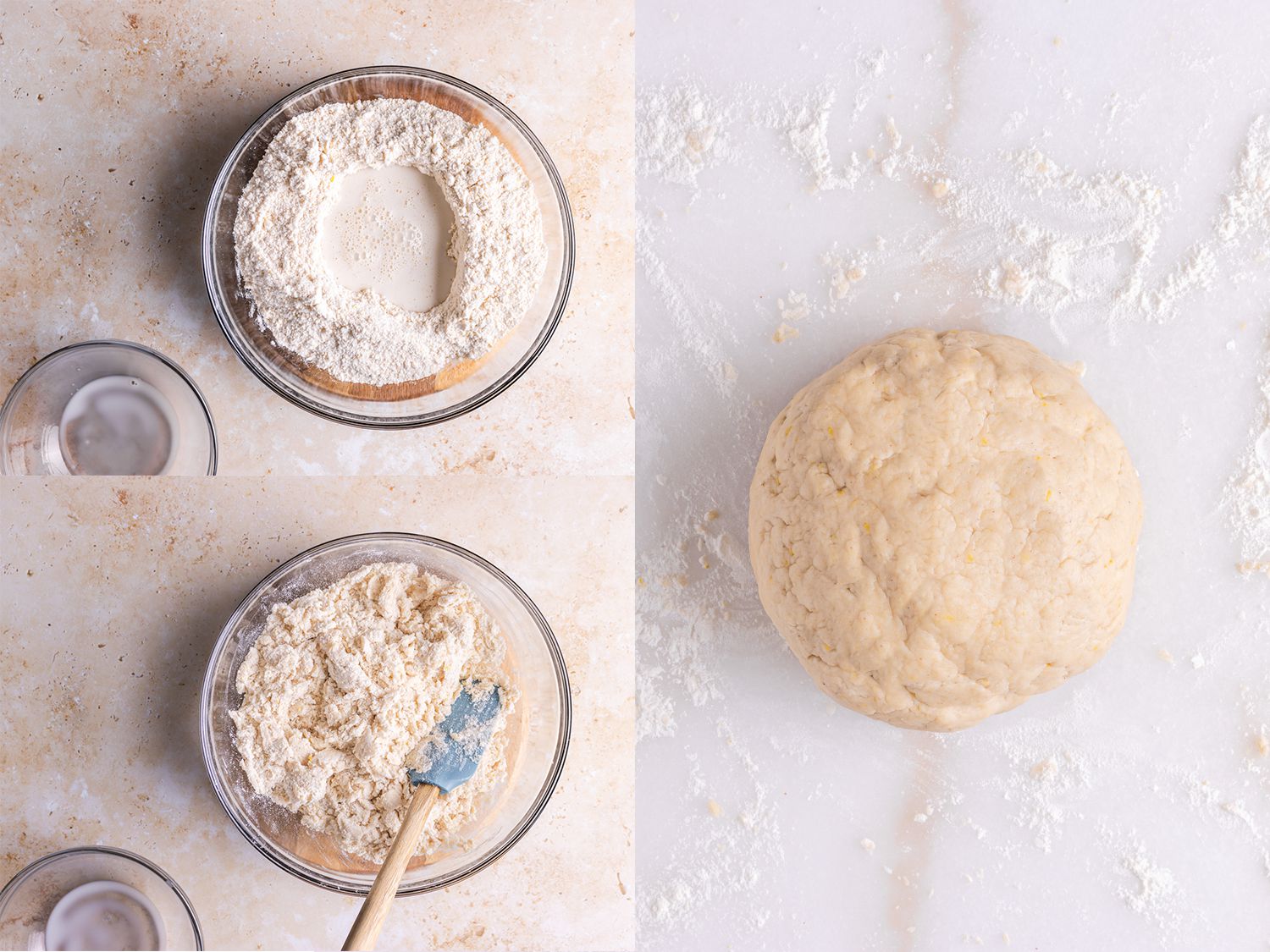 Three Image Collage. On the left, top: flour mixture with a well filled with milk; bottom: milk incorporated into mixture. On the right: a round ball of dough on a floured surface