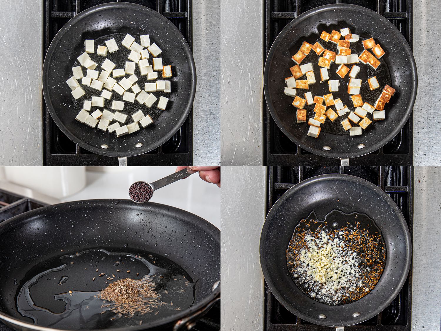 Four Image Collage. Clockwise from top left: Uncooked paneer in pan; Browned paneer in pan; Cumin and spices added to pan after paneer has been removed; garlic cooking with paneer in pan.