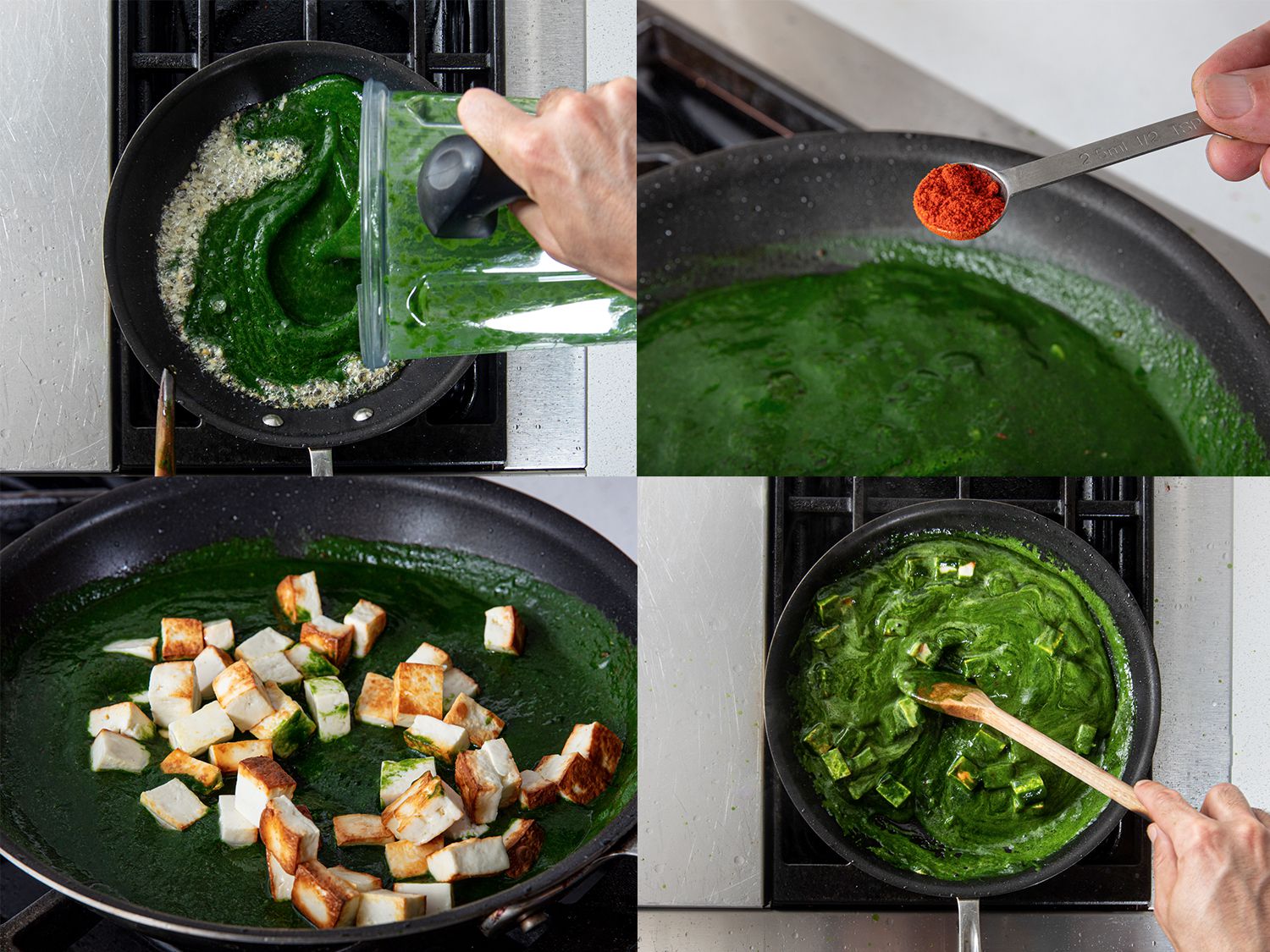 Four Image collage. Clockwise from top left: Spinach puree being poured into pan with garlic and spices; paprika being added to pan; cream added with paneer and spinach in pan; paneer added to spinach puree in pan.