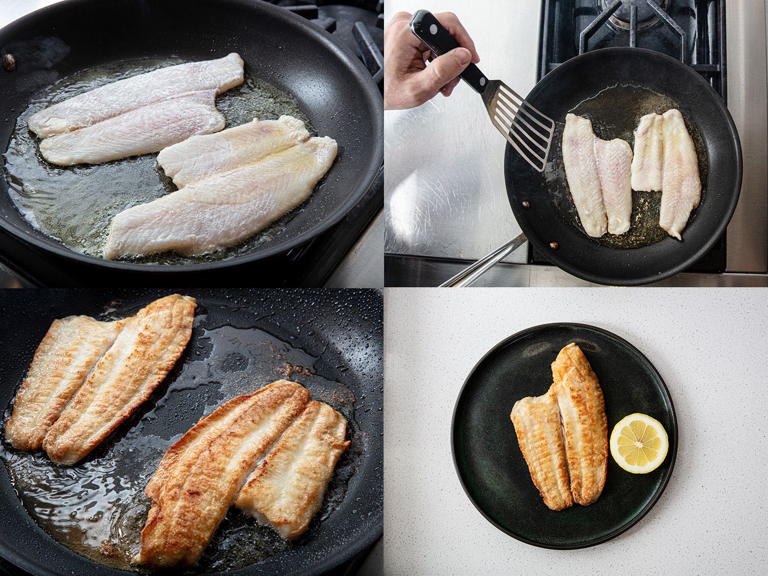 Four Image Collage. Clockwise from top left: Sole being cooked in butter on a pan; a hand holding a metal spatula about to flip the pieces of sole; the browned cooked sole in the pan; a piece of sole placed on a green plate next to a lemon.