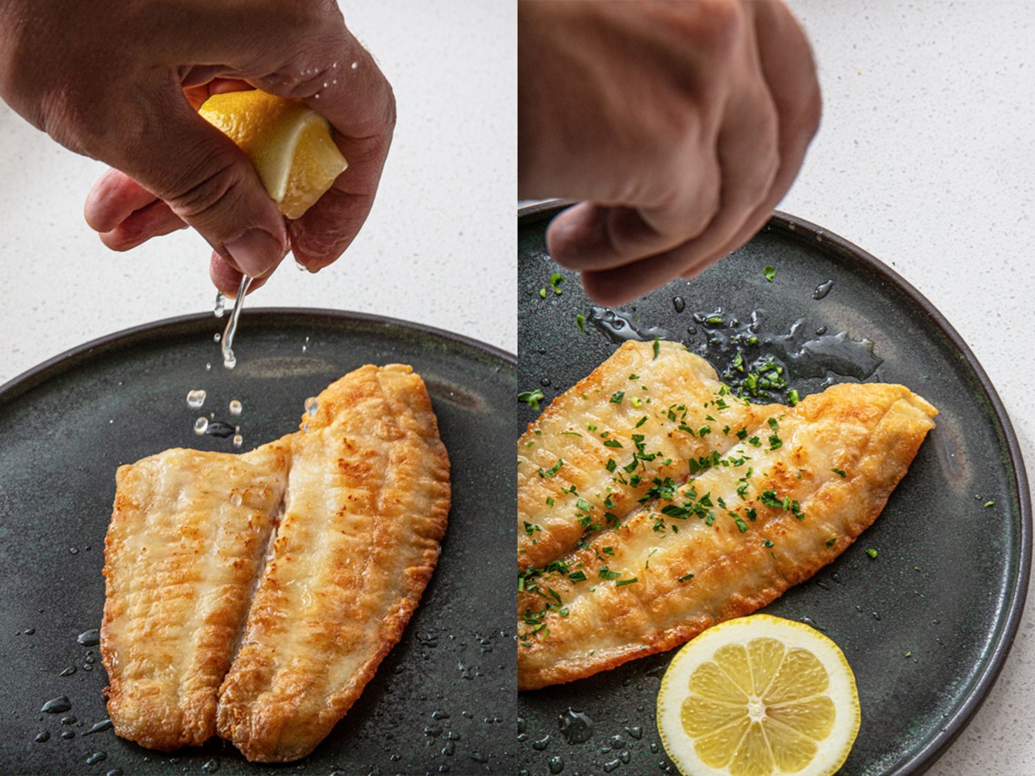 Two Image Collage. Left: A hand squeezing a lemon over the sole. Right: A hand sprinkling parsley over the sole