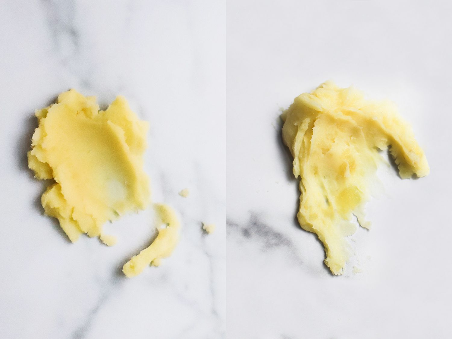 potatoes made with two different styles of mashers