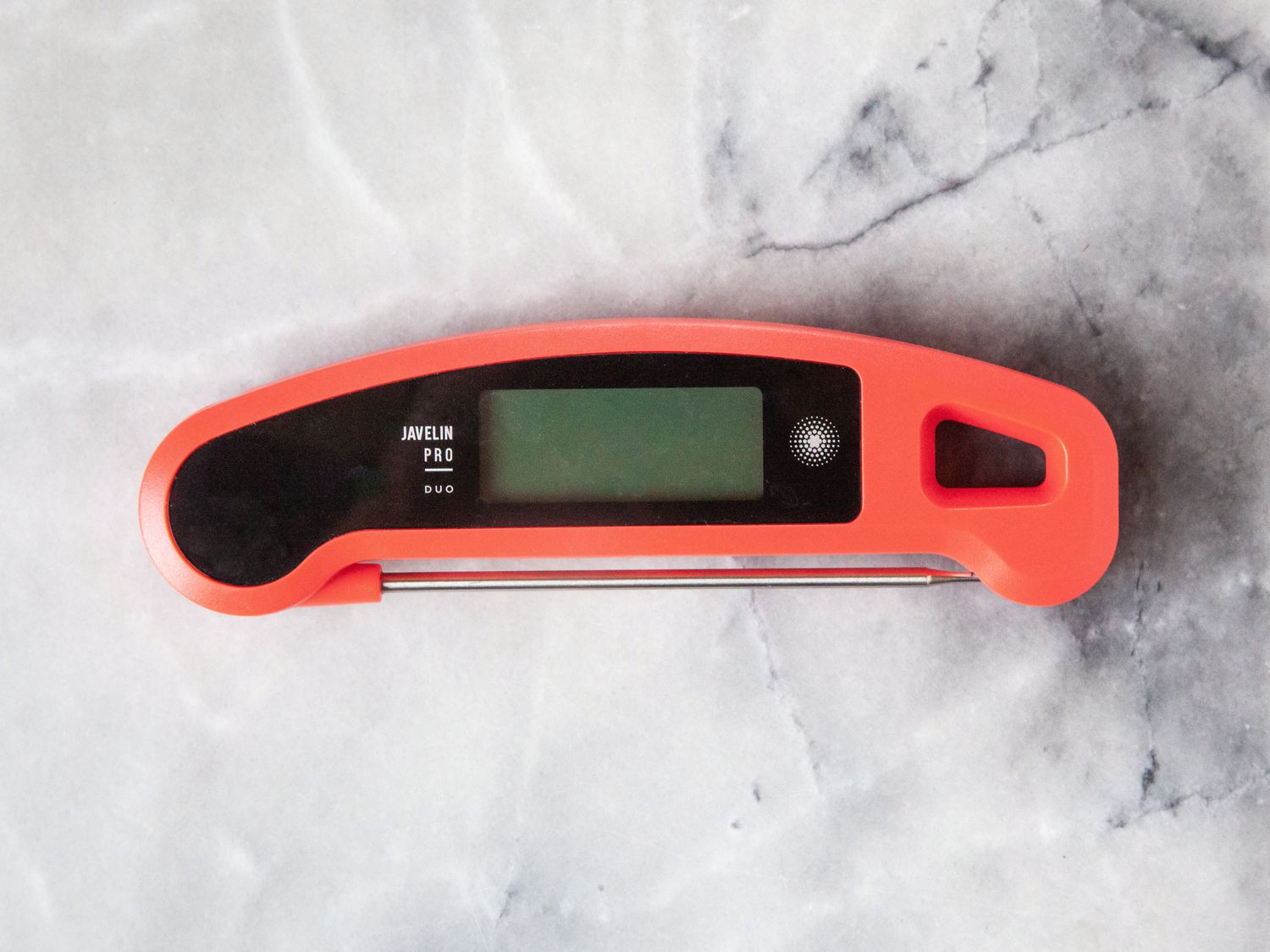 The Javelin Pro thermometer on a marble countertop