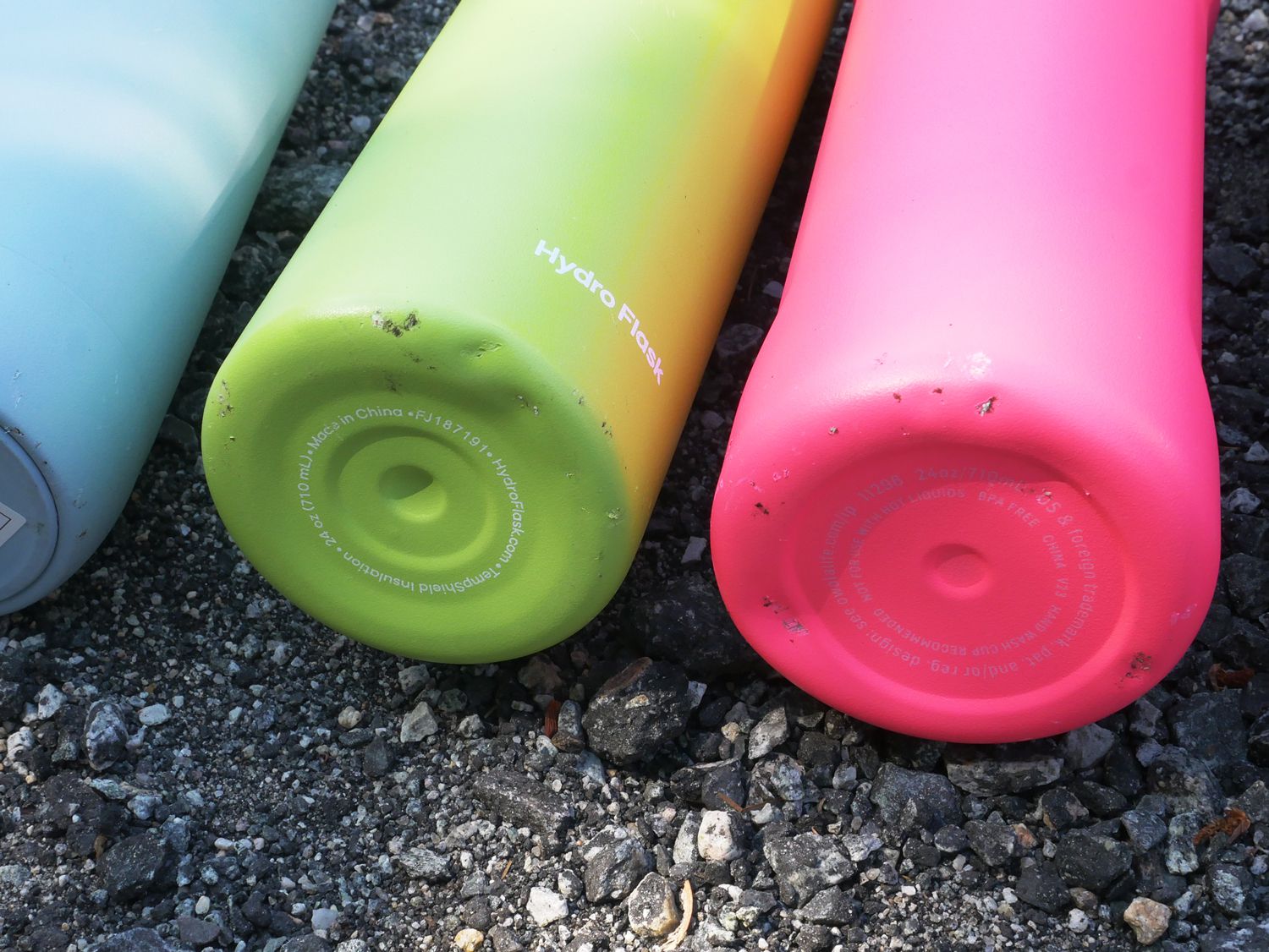 a closeup look at the dents on the bottoms of water bottles