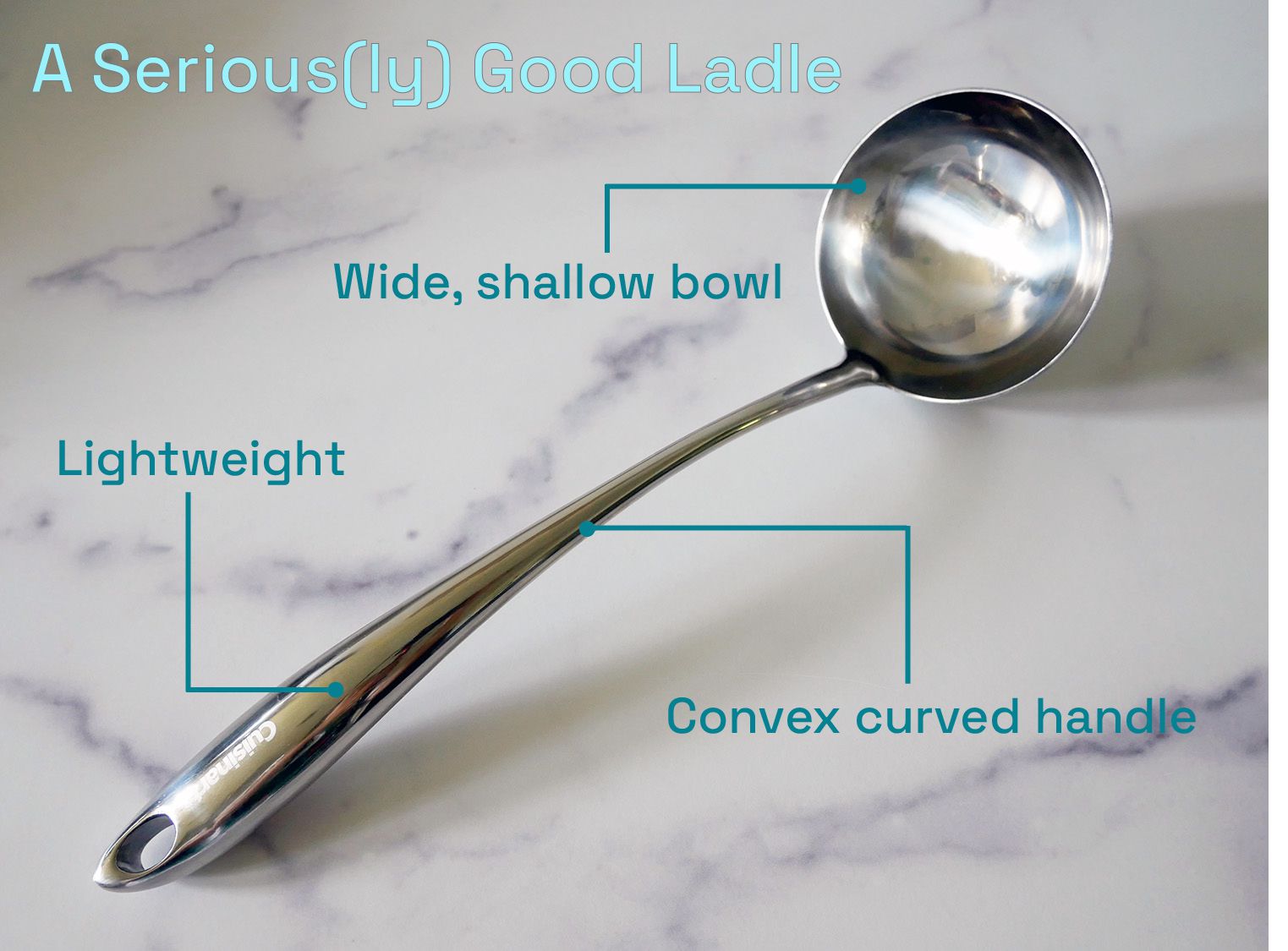 annotated winning ladle: lightweight; convex curved handle; wide, shallow bowl