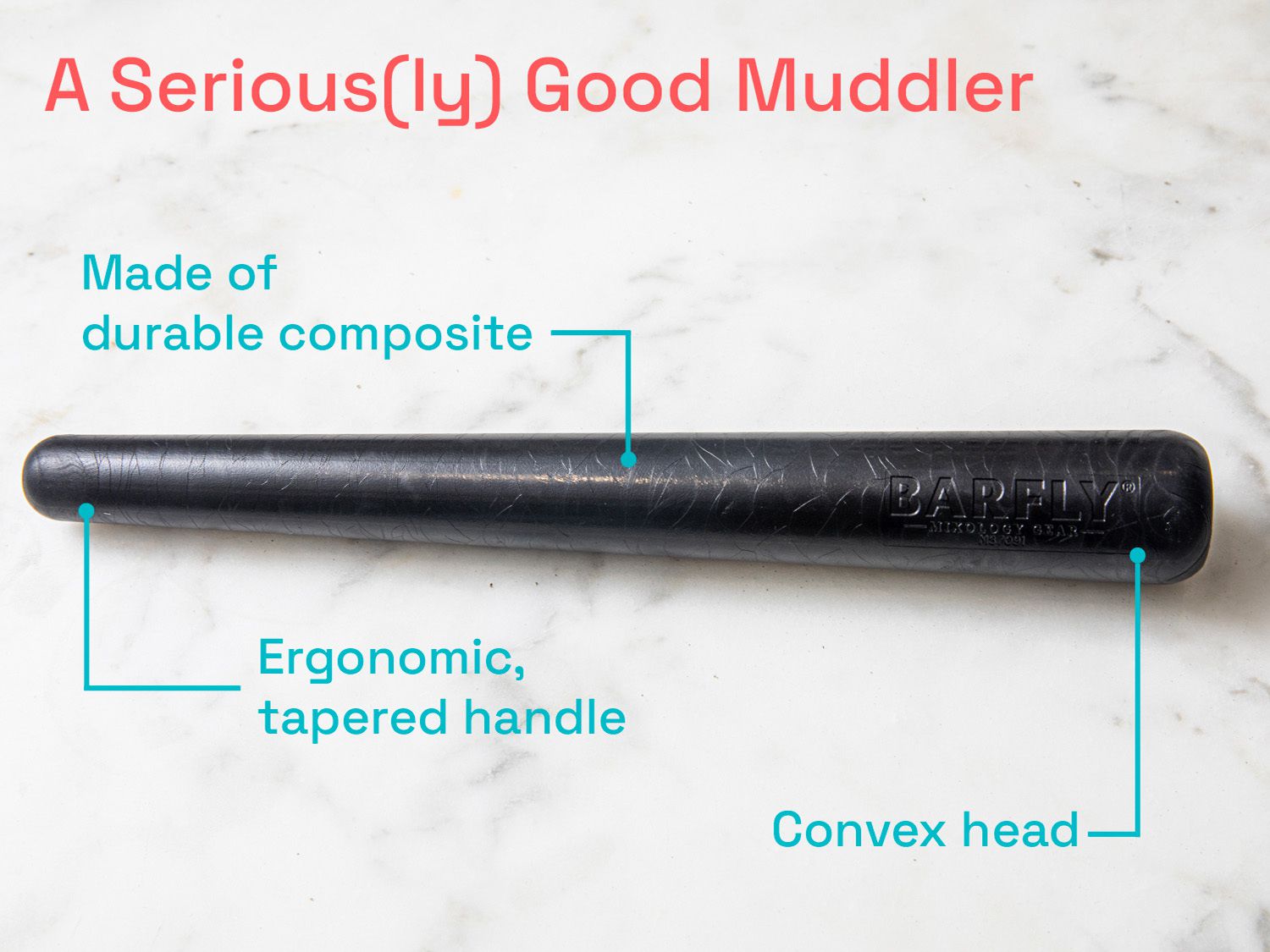 A muddler on a marble countertop with text points around it