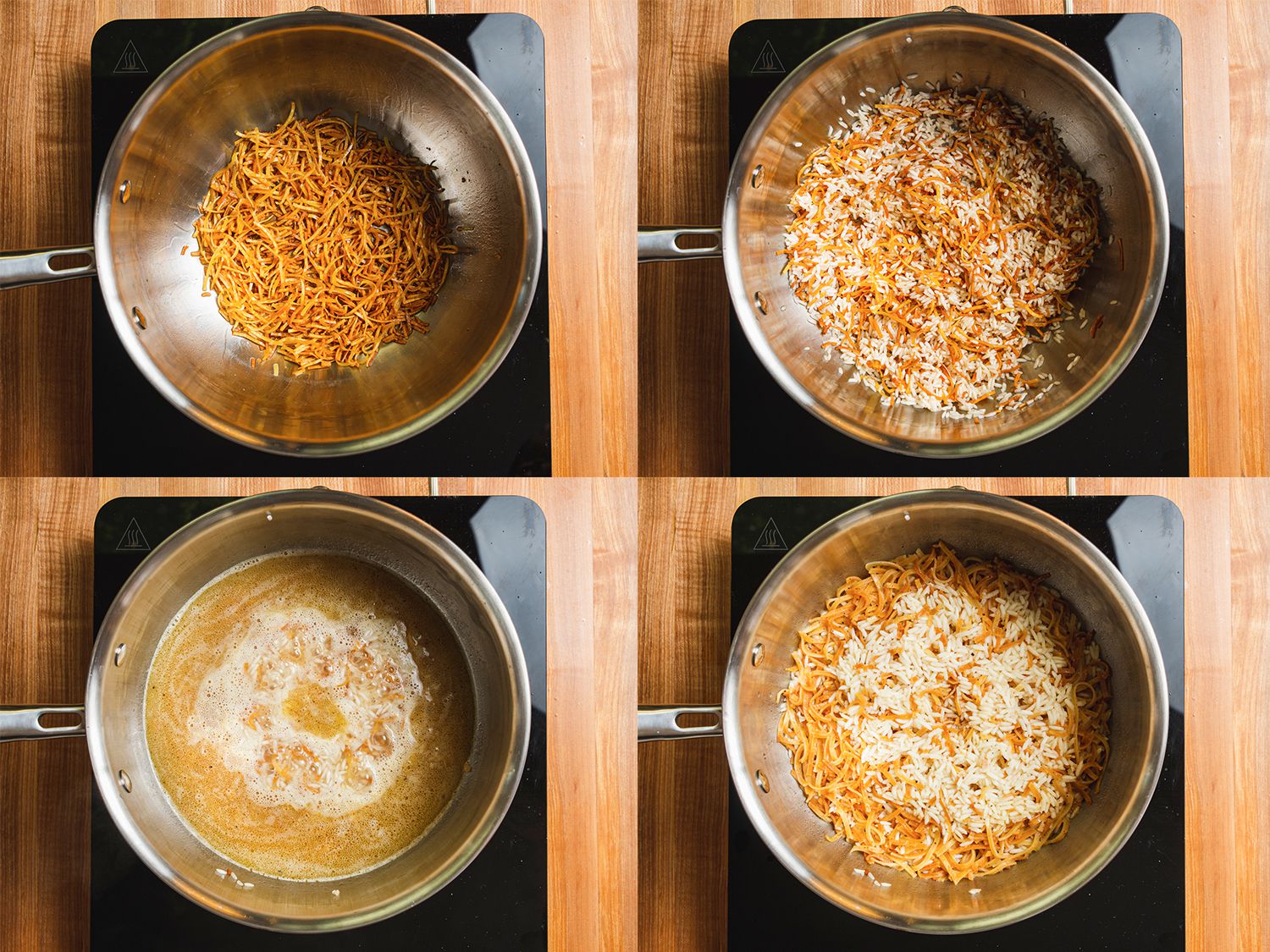 Four image collage. Clockwise from upper left: pasta toasted in pan; rice added to pan; broth added to pan; rice and pasta with all water absorbed.