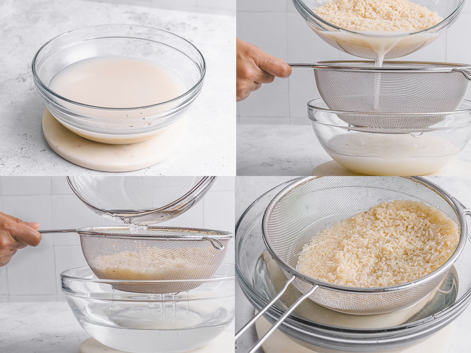 Four Image Collage. Top Left: cloudy water with rice in a bowl. Top Right: Straining cloudy water out of bowl. Bottom left: Running clean water through rice in strainer. Bottom Right: Rice in strainer over bowl