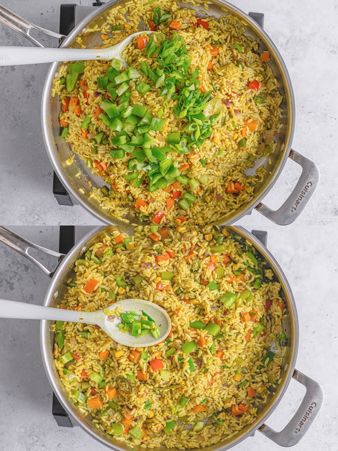 Two Image Collage. Top: Sliced scallion greens and bell peppers added to rice. Bottom: Finished fried rice