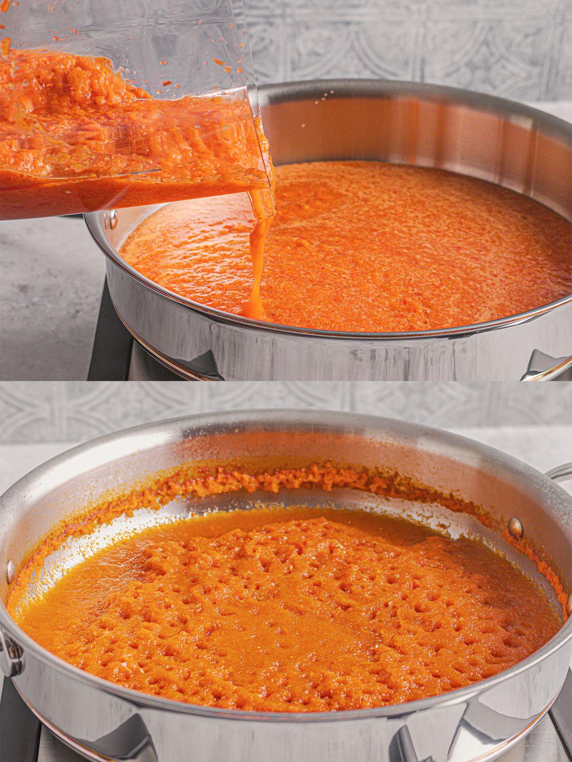 Two image collage. Top: Puree being poured into a saucepan. Bottom: Puree reduced by half in the saucepan