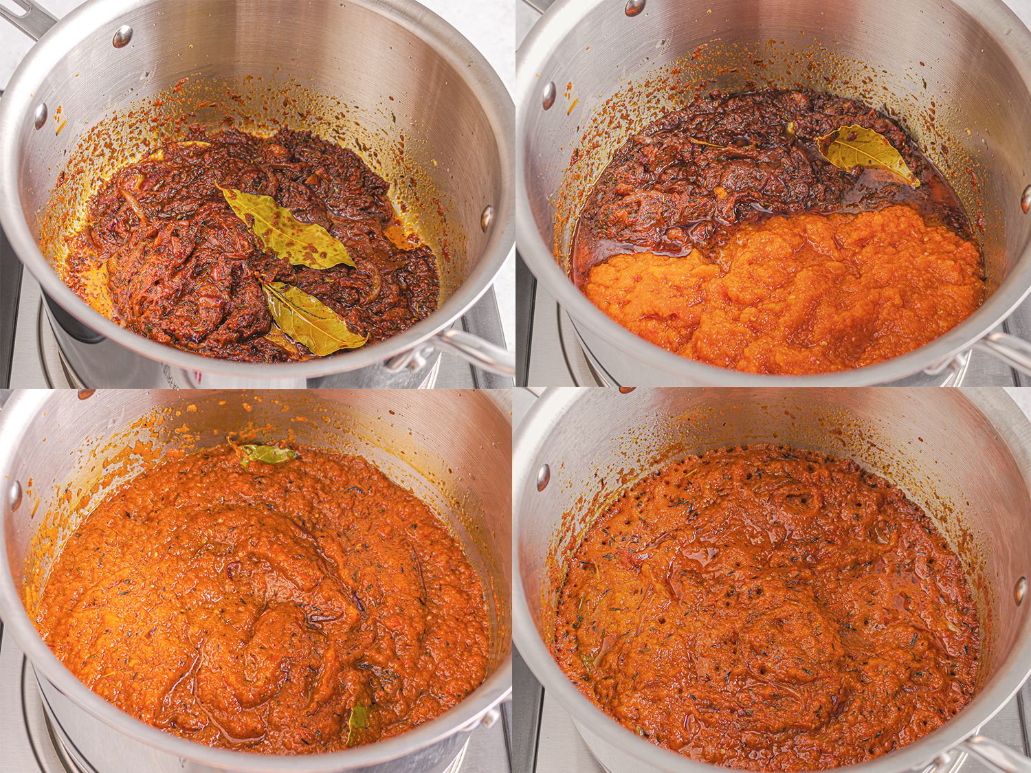4 image collage showing puree being added to darkened tomato paste and being reduced by half in the pot.