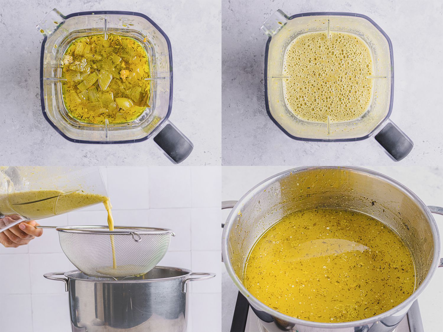 Four Image Collage. Top Left: Unblended stock in blender. Top Right: Blended stock mixture in blender. Bottom left: Pouring stock through a strainer back into pot. Bottom Right: finished stock in pot