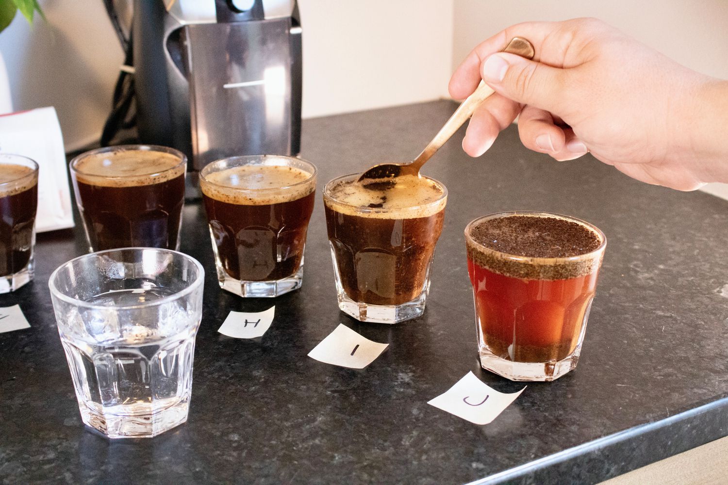 a coffee tasting set up with short glasses filled with coffee and water