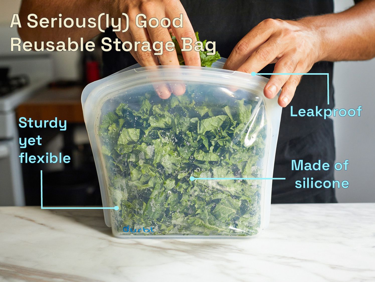 A seriously good reusable storage bag is leakproof, silicone, and sturdy yet flexible.