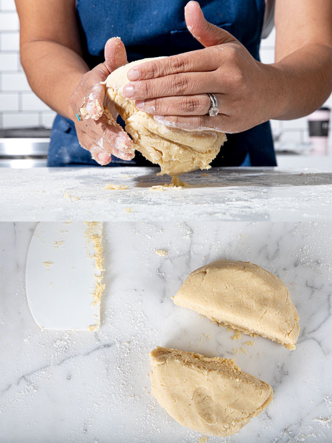 Two Image Collage. Top: Forming dough into a ball on a floured surface. Bottom: Two cut into two sections.