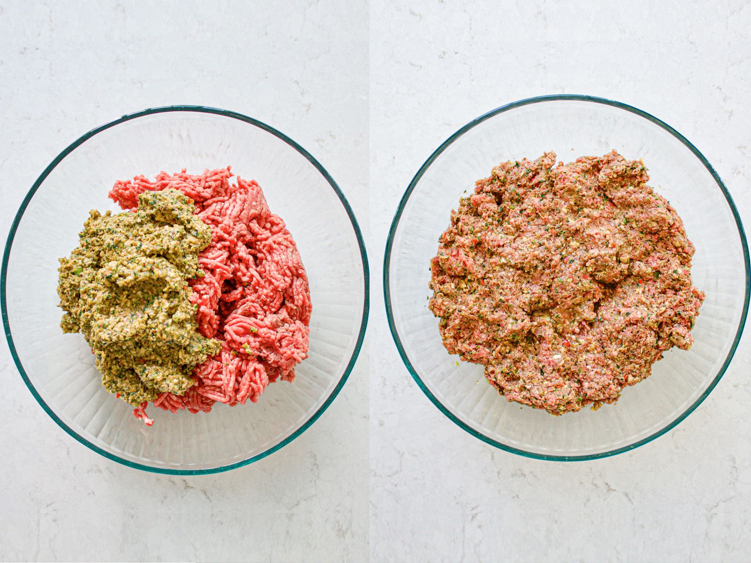 Two Image Collage of ground meat and vegetable and spice mixture, before and after being combined in a glass bowl