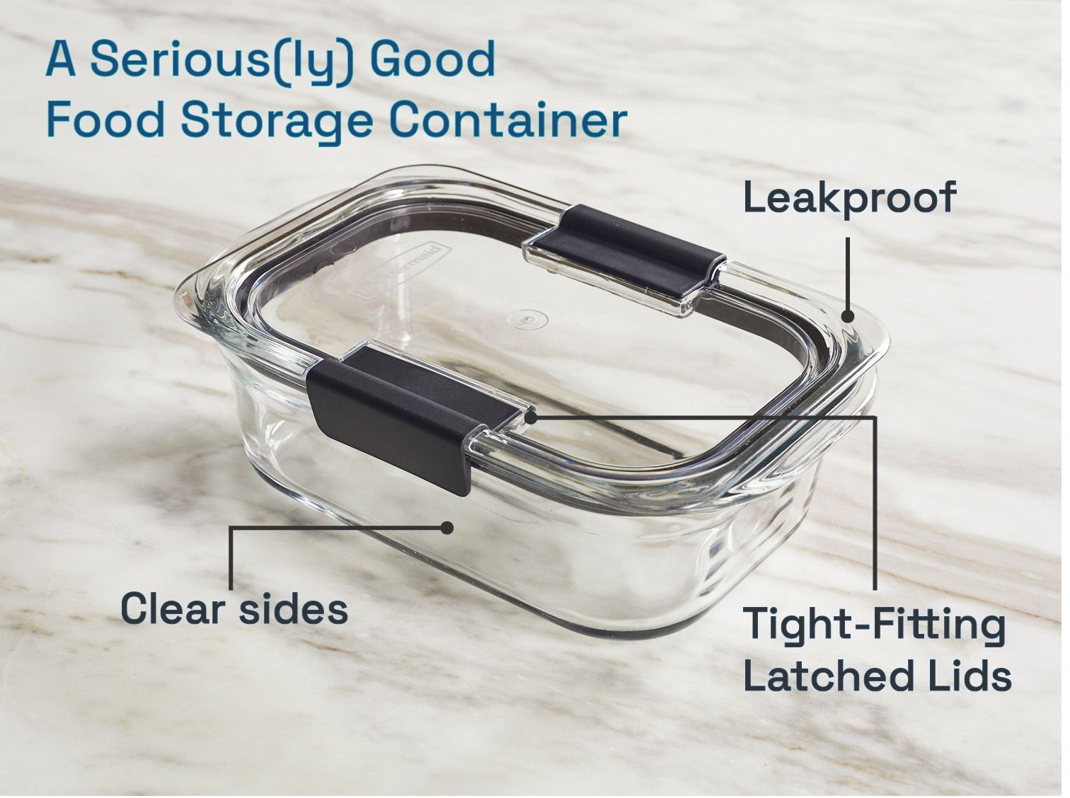 rubbermaid plastic storage container on marble counter: clear sides, leakproof, tight fitting latched lid