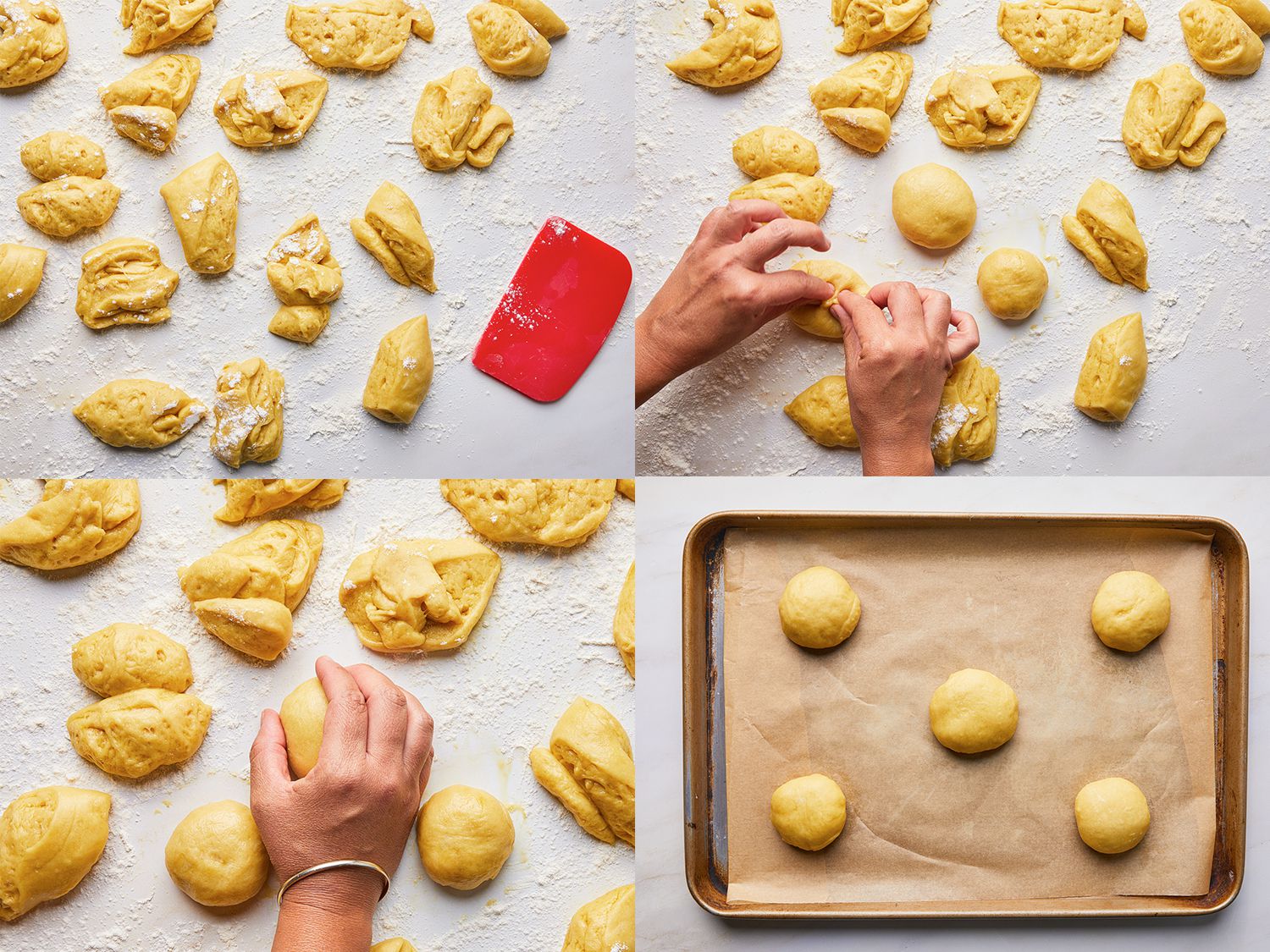 Four image collage of dough being cutting into 16 rough pieces on a floured surfaced, being forming by pinching the dough together and rounded with palm of hand, and then placed on to a parchment paper lined baking sheet