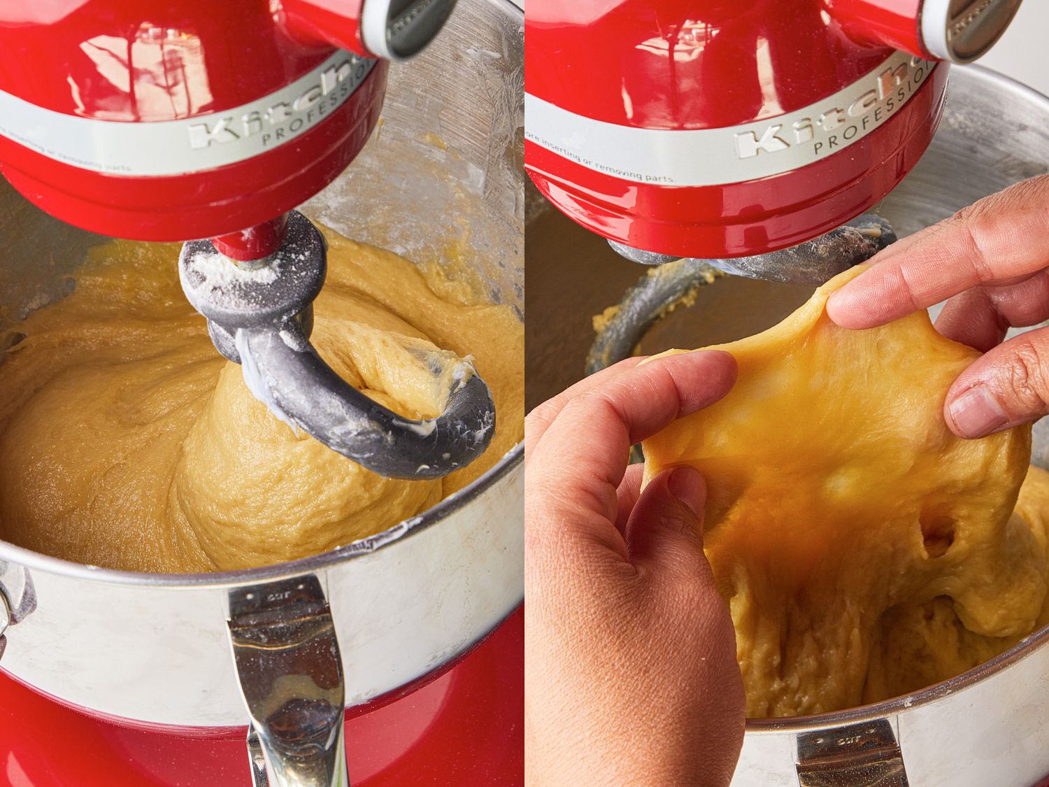 Side by side images of a glossy dough formed in a stand mixer next to two hands pulling the dough up to show it's translucent-ness