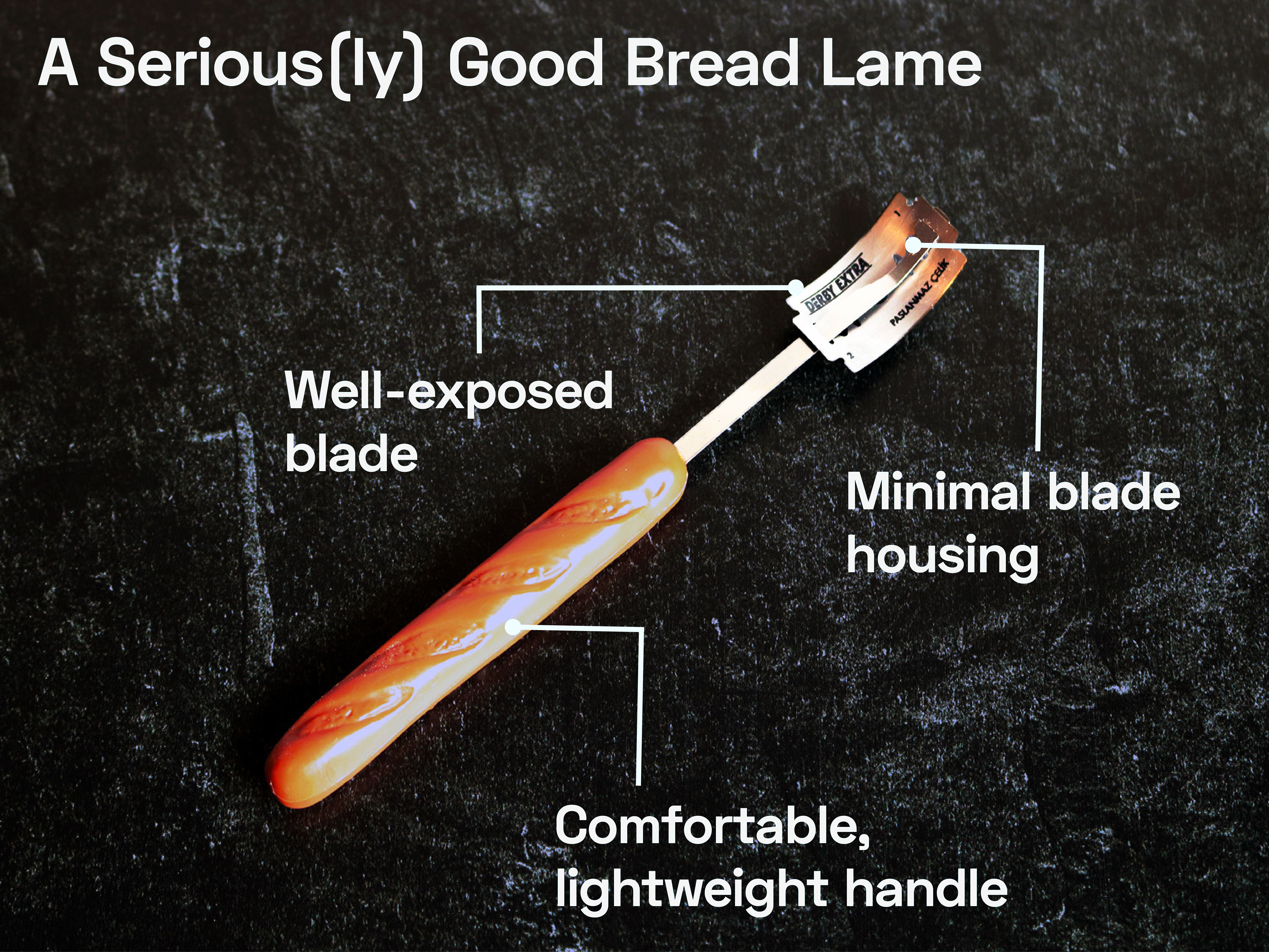 A plastic handle shaped like a baguette attached to a thin metal strip that holds a razor blade for slash bread dough.