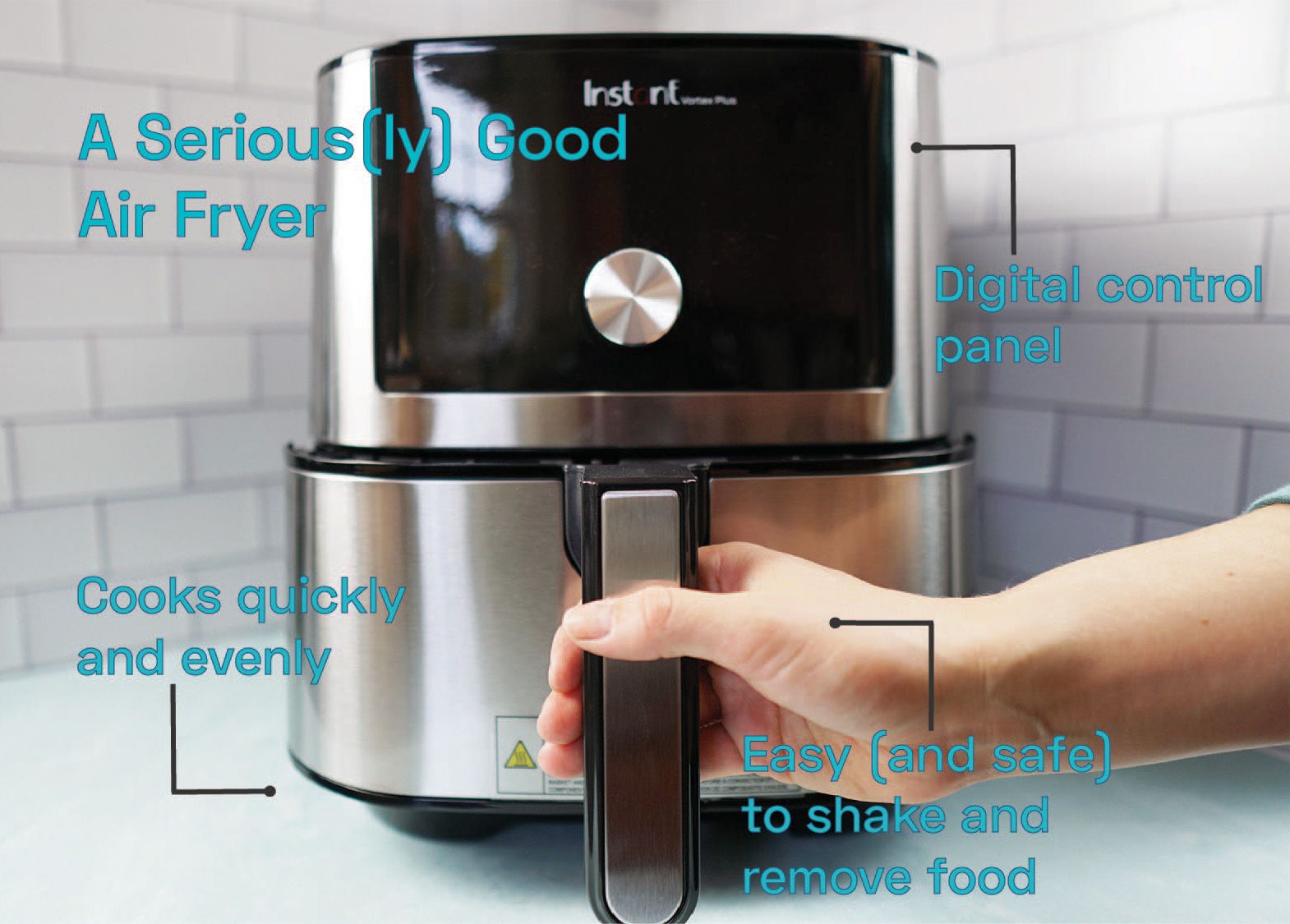 an air fryer surrounded by text points