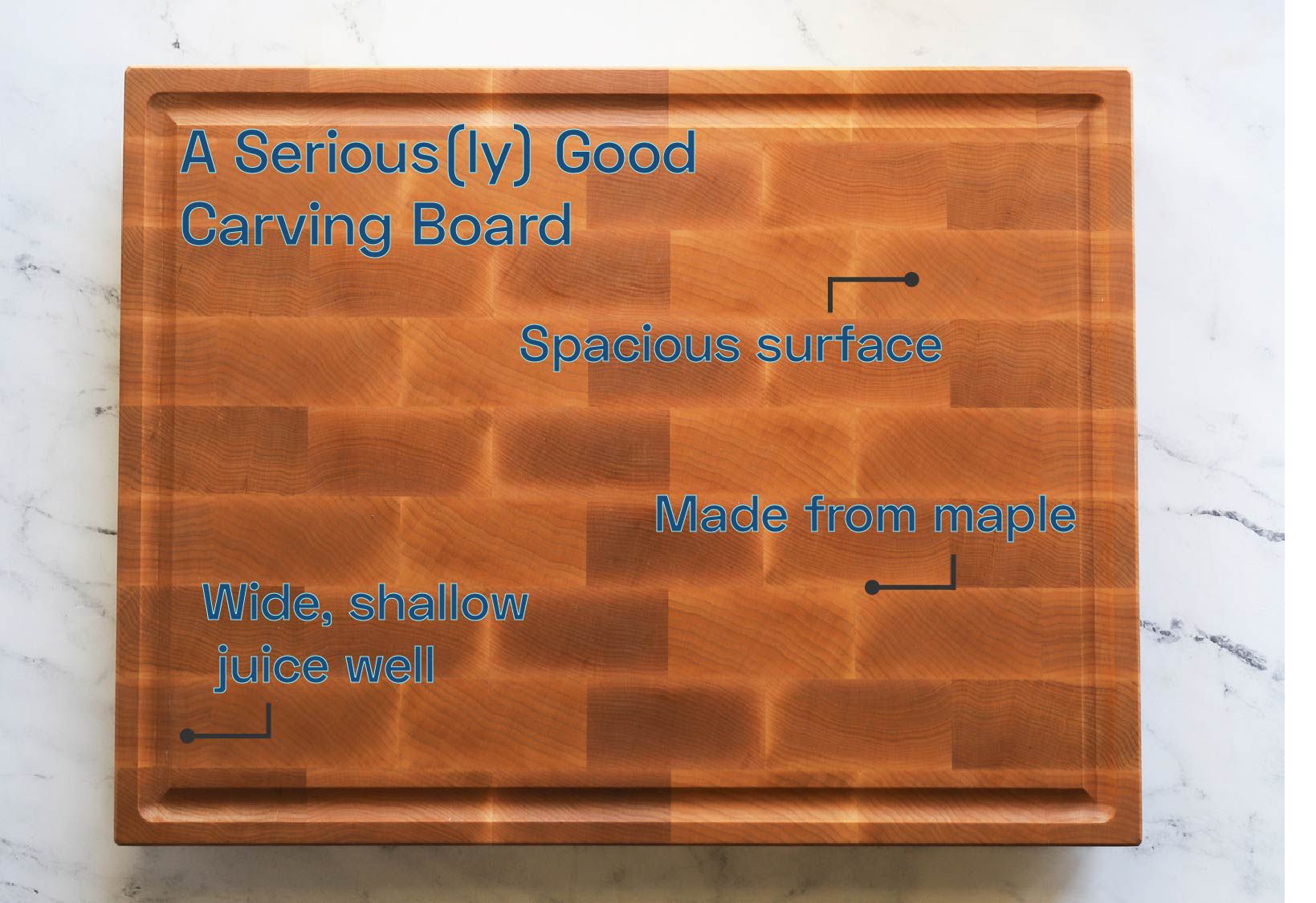 a wooden cutting board on a marble surface with text points around it