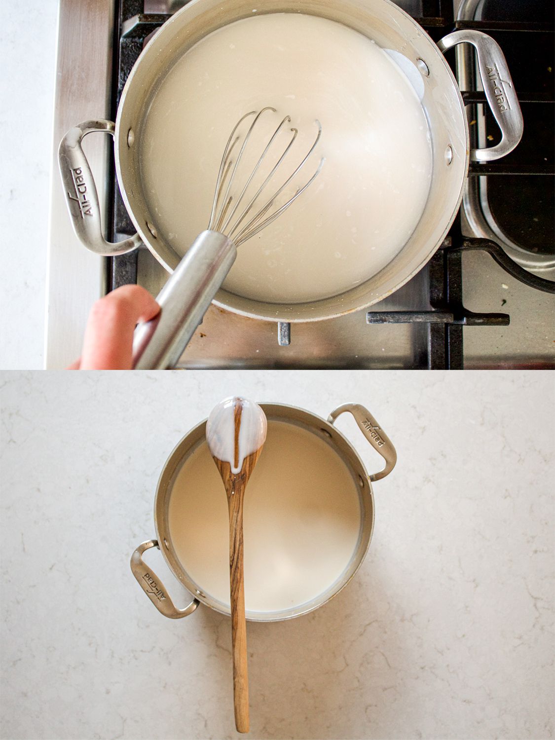 Two image collage of overhead view of yogurt being cooked on the stove and then removed from heat