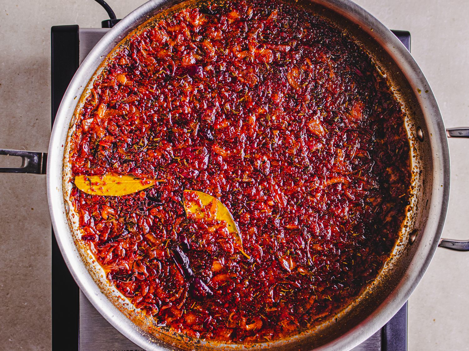 Overhead view of stew after losing it's bright red color