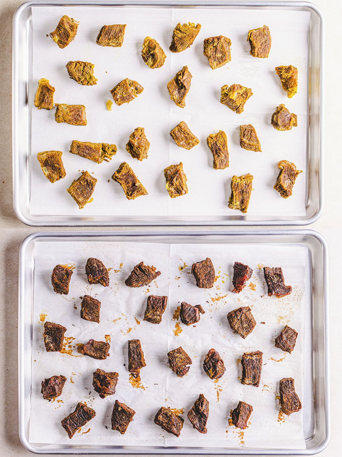 Two image collage of beef pieces before and after in the oven.