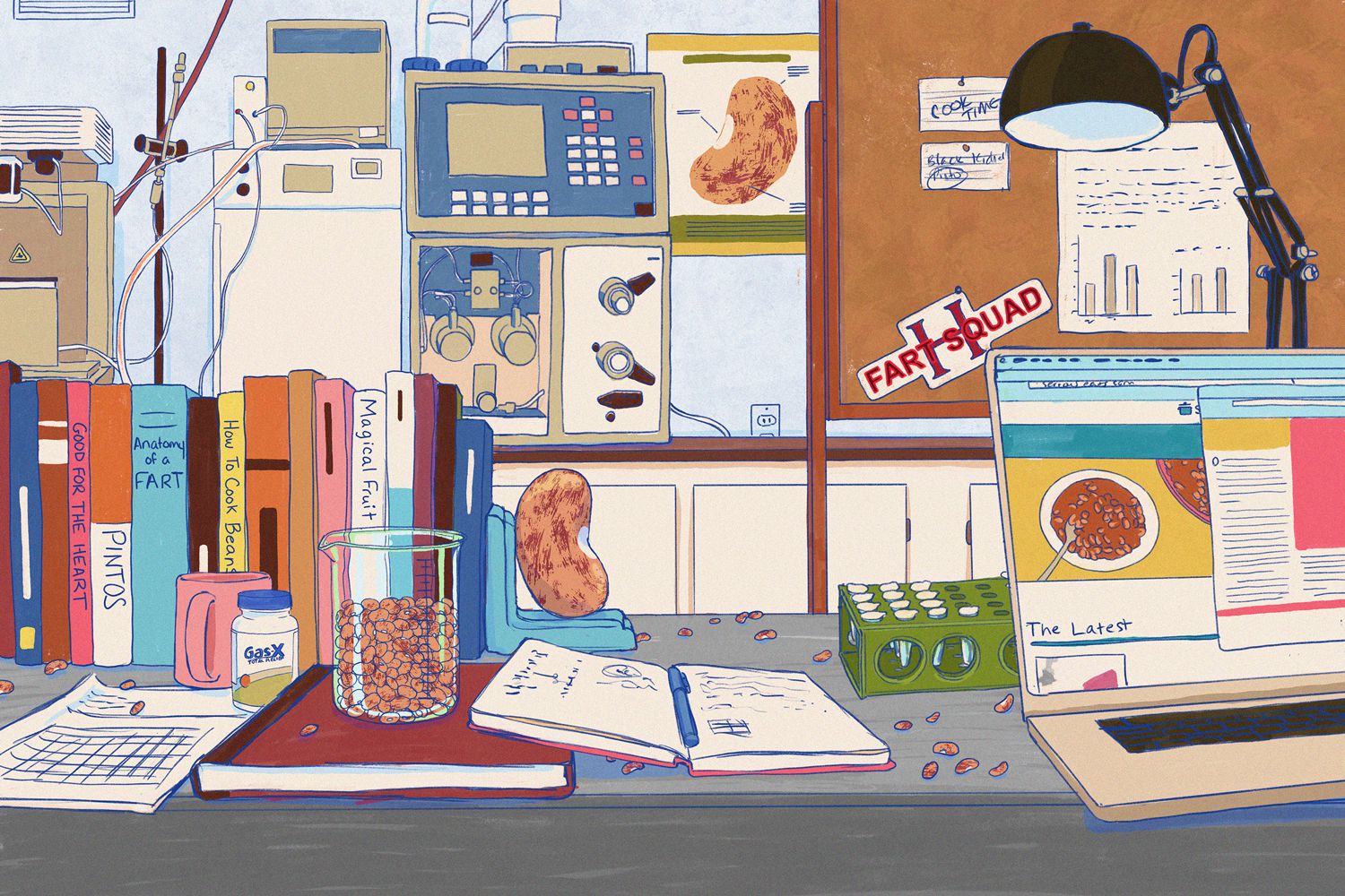 Illustration of an imaginary desk in a lab at Harvard working on a bean study.