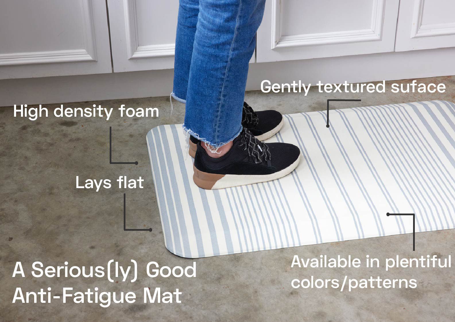 a person standing on a blue and white kitchen mat with text points around it