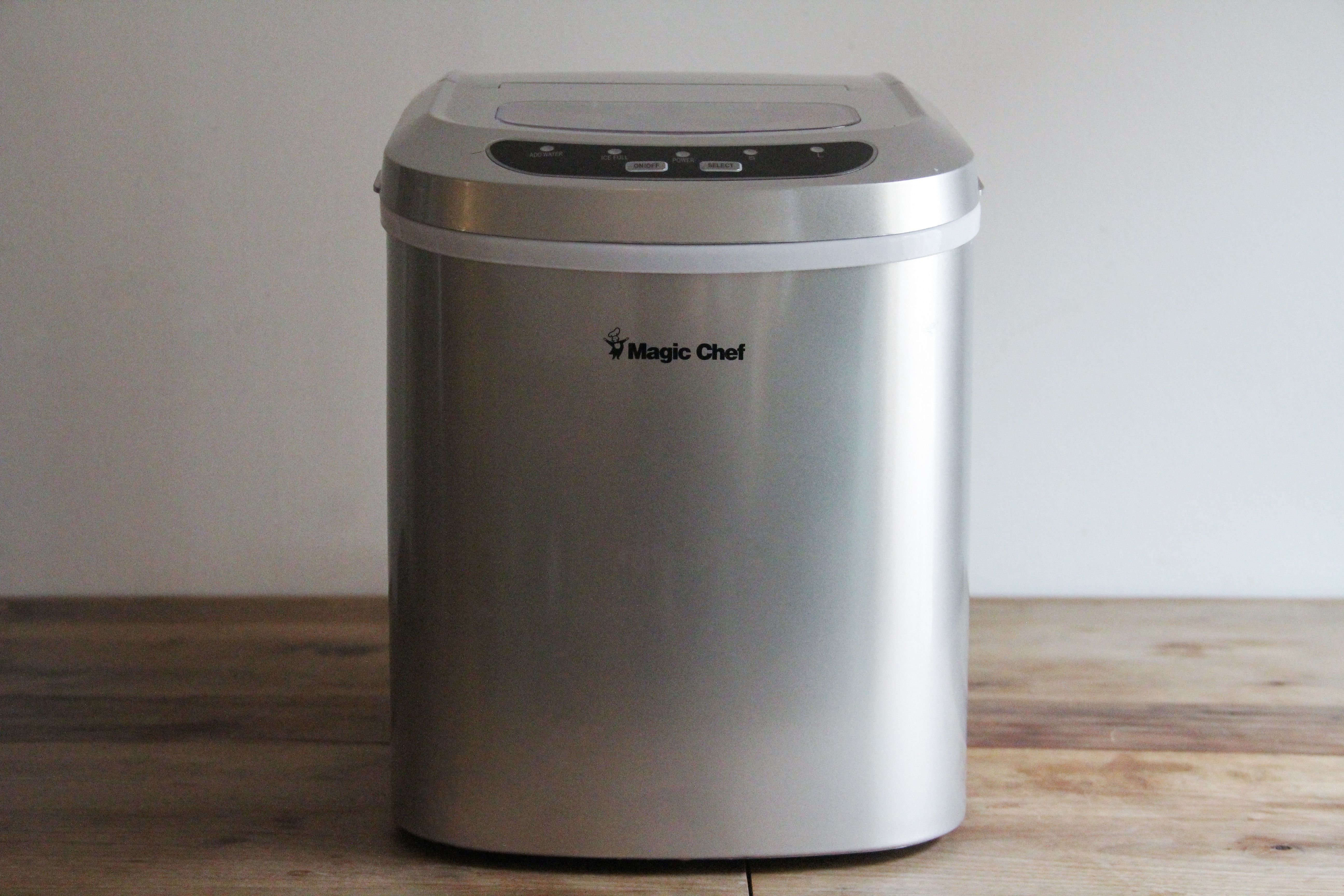 magic chef ice machine on wooden countertop